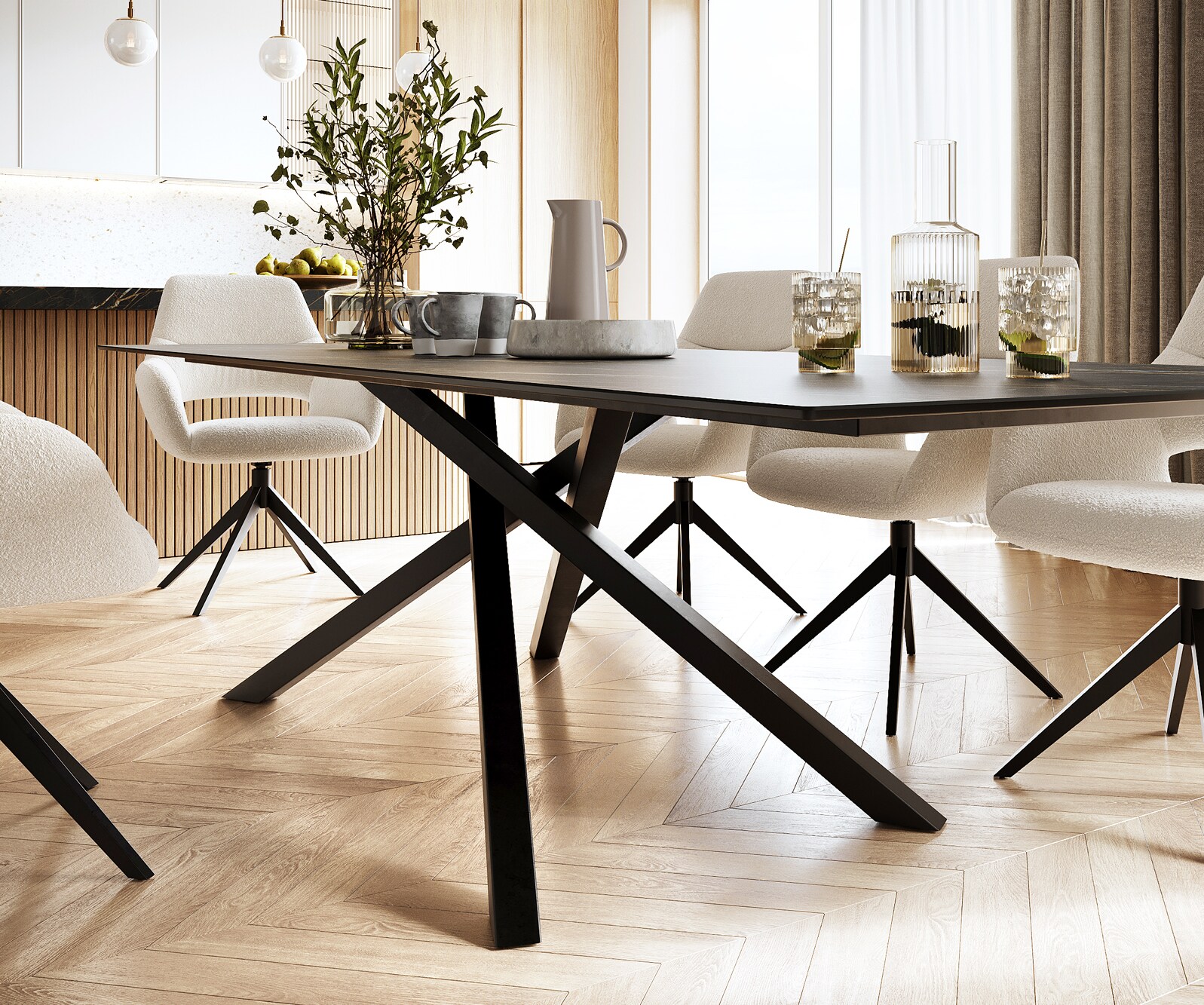 Маса 300x100cm Keramik Laminam®Noir Desir Кафяв среден крак Кръст Черен Edge 4