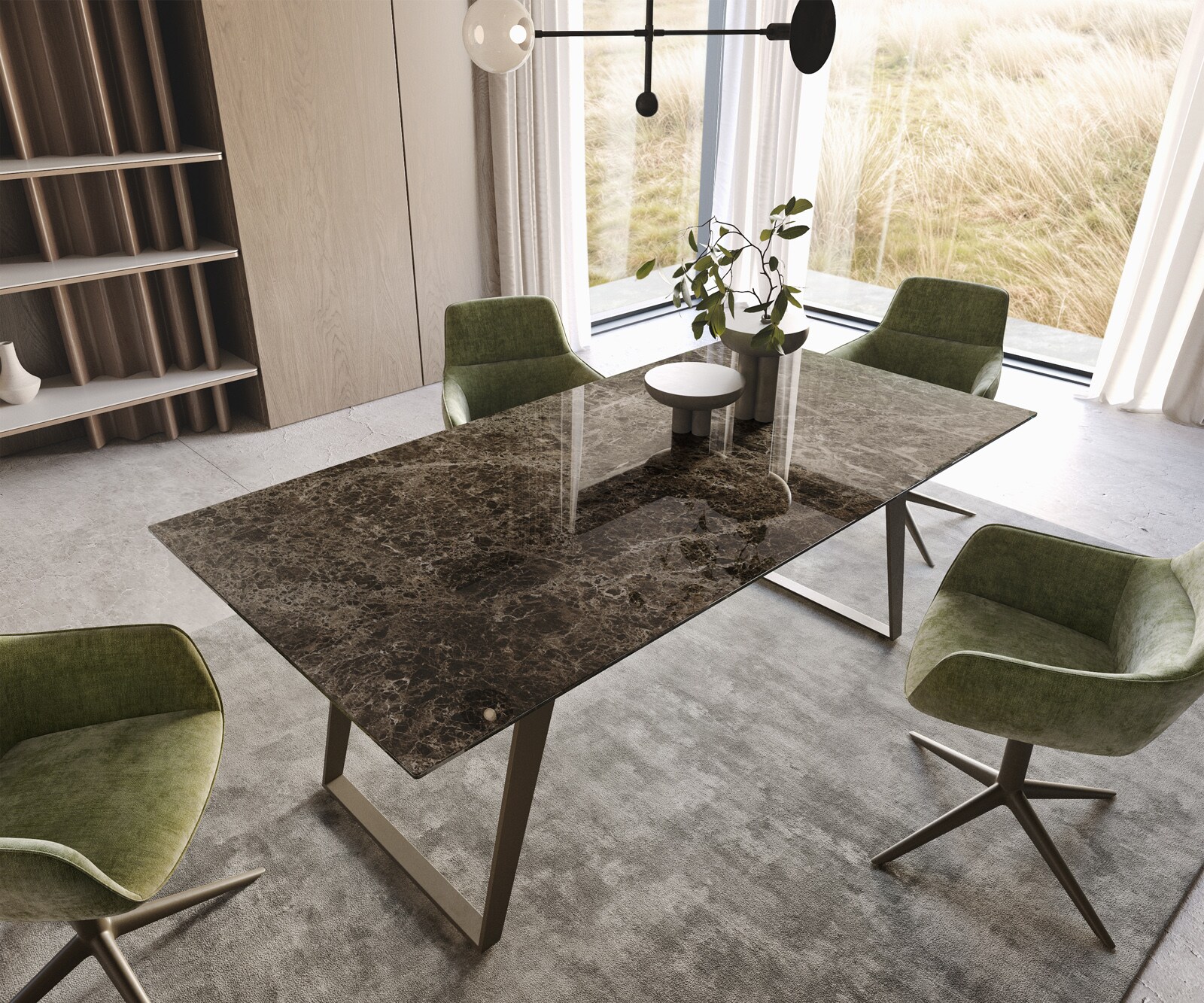 Трапезна маса Edge 200x100, керамика Laminam „®“, Emperador Extra Lucidato, тъмнокафяво, метален ефект, титанов финиш, скосен ръб 2