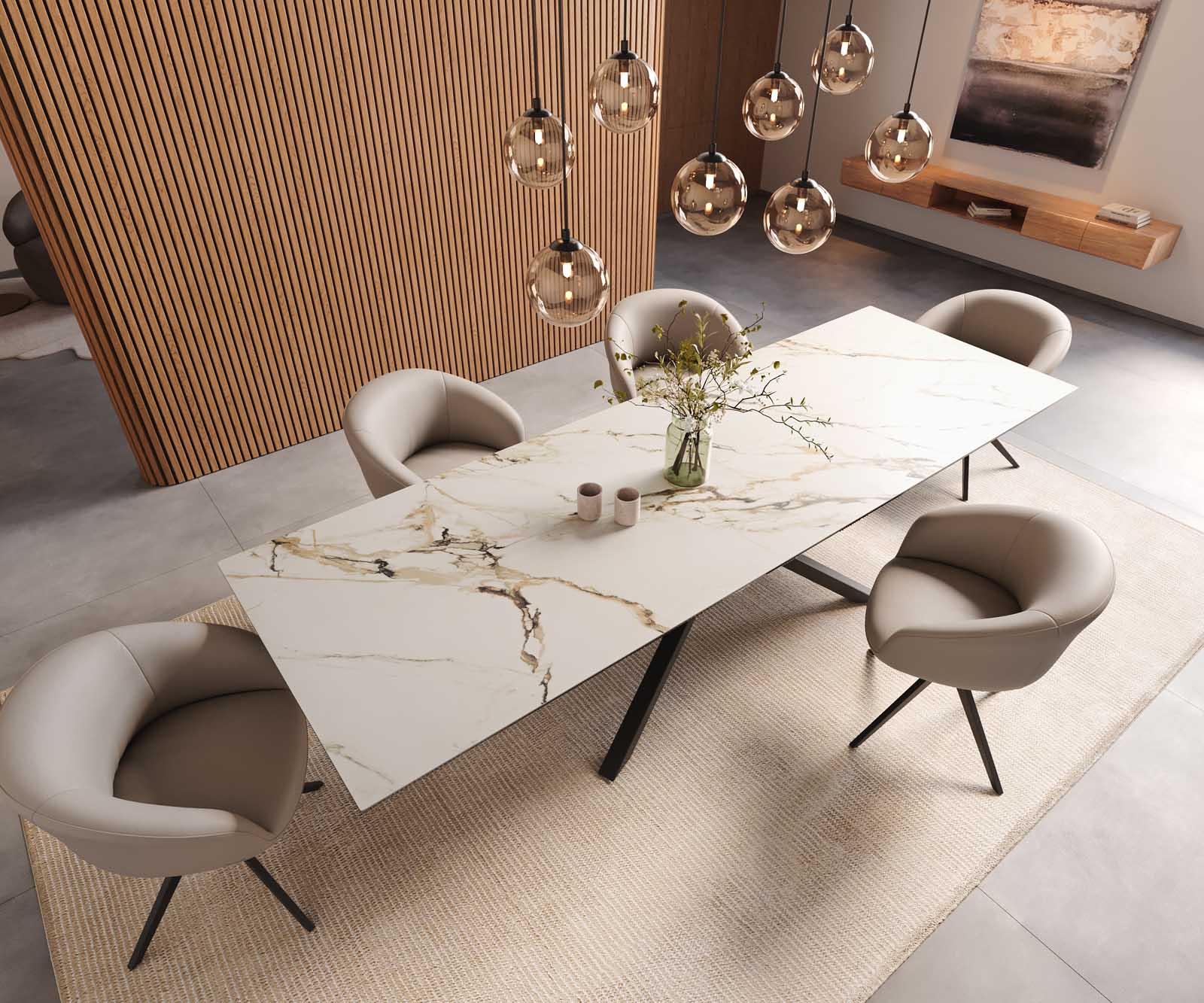 Трапезна маса Edge 300x100, керамика Calacatta Luxe, бяло-златно-сиво, кръстообразна рамка, правоъгълна, черна 6