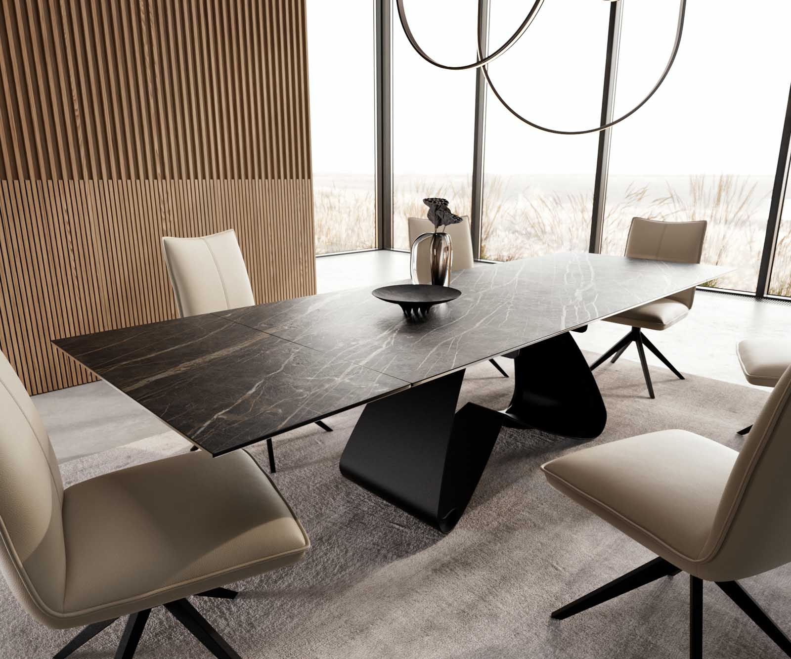 Разтегателна трапезна маса Edge 200-300х100 см Керамика Laminam®Noir Desir Тъмнокафяв W-образна основа Черен  1