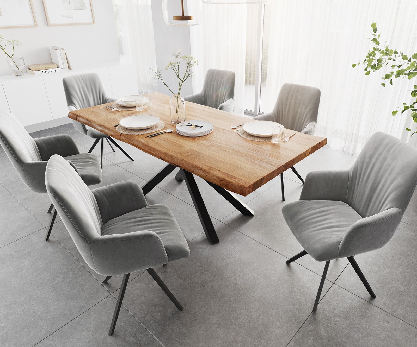 Трапезна маса Edge 200x100 XL, естествена акация, кръстосана конструкция, правоъгълна, черна, с естествени ръбове 5
