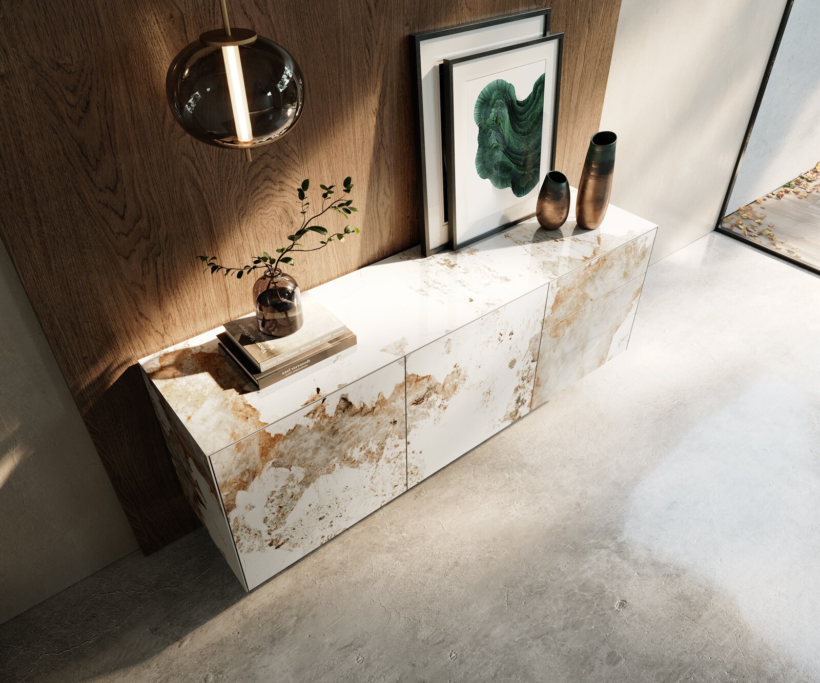 Бюфет Cuor 180 cm керамика Minas Melange бяло-бежово 2 врати 3 чекмеджета Плаващ 4