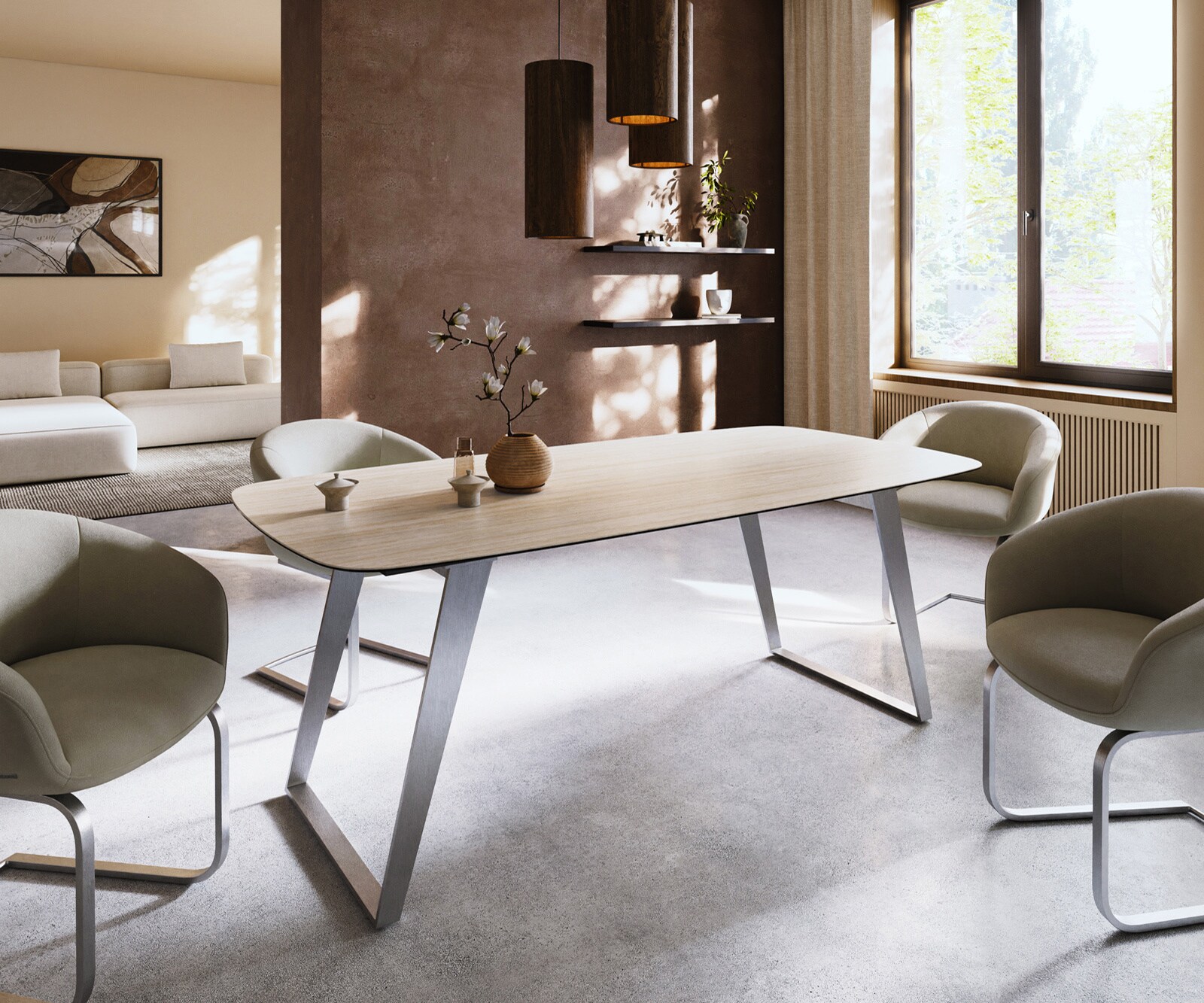 Трапезна маса Edge Boot 200x100, керамика Laminam „®“, Travertino Bianco, кремаво-бяла, неръждаема стомана, наклонена 2