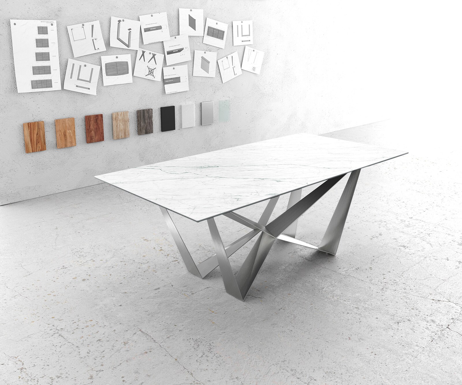 Маса 200x100cm Keramik Laminam®Statuarietto Бял Spider плоска стомана Неръждаема стомана Edge