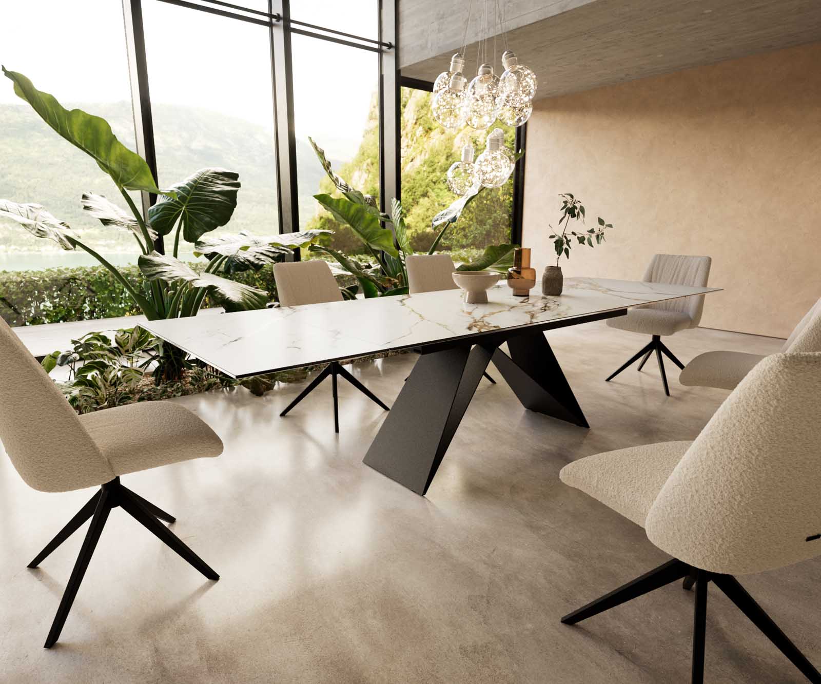 Маса 200-300x100 Keramik Calacatta Luxe Бял-Злато-Сив V-Рамка плоска стомана Черен разтегателна Edge