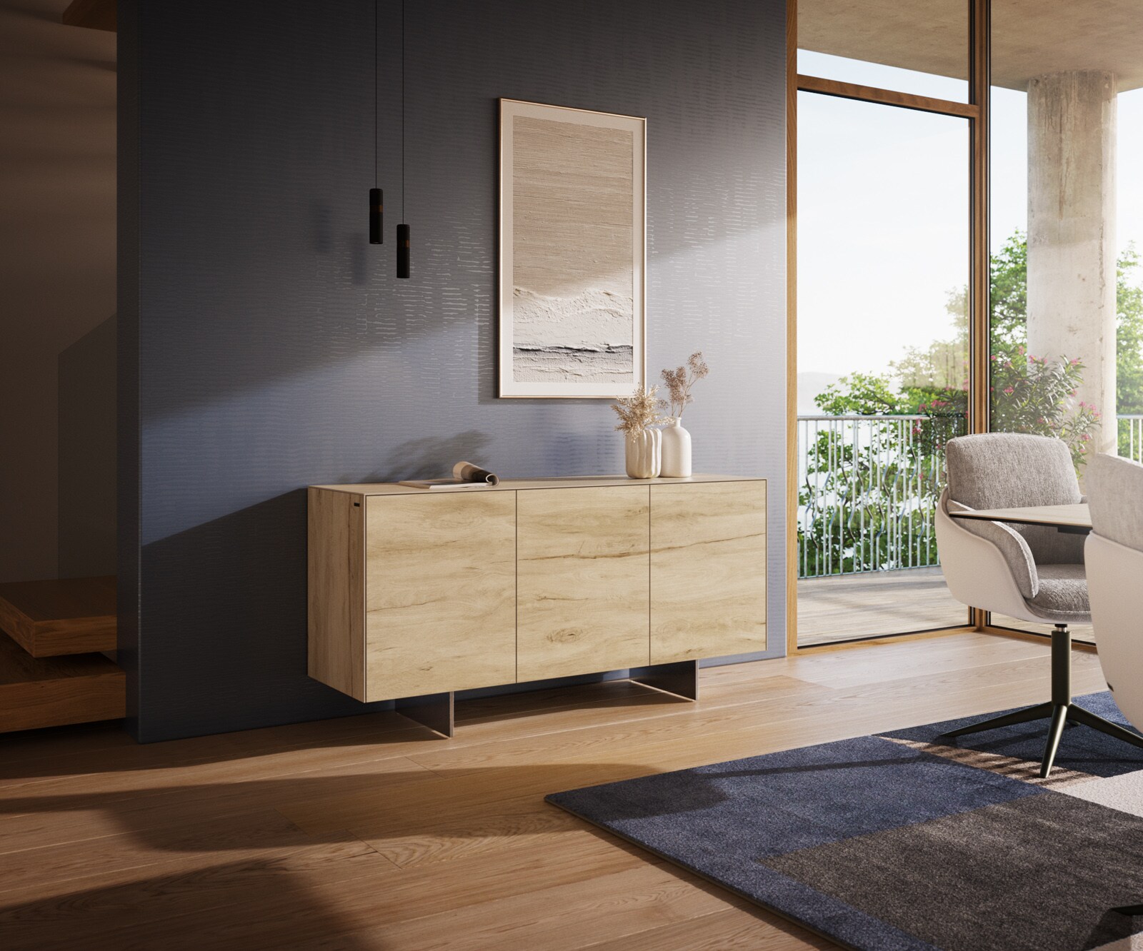 Бюфет Cuor 150 см Керамичен ламинат® Sabbia Дъб цвят 3 врати Основа Плаващ вид неръждаема стомана 1