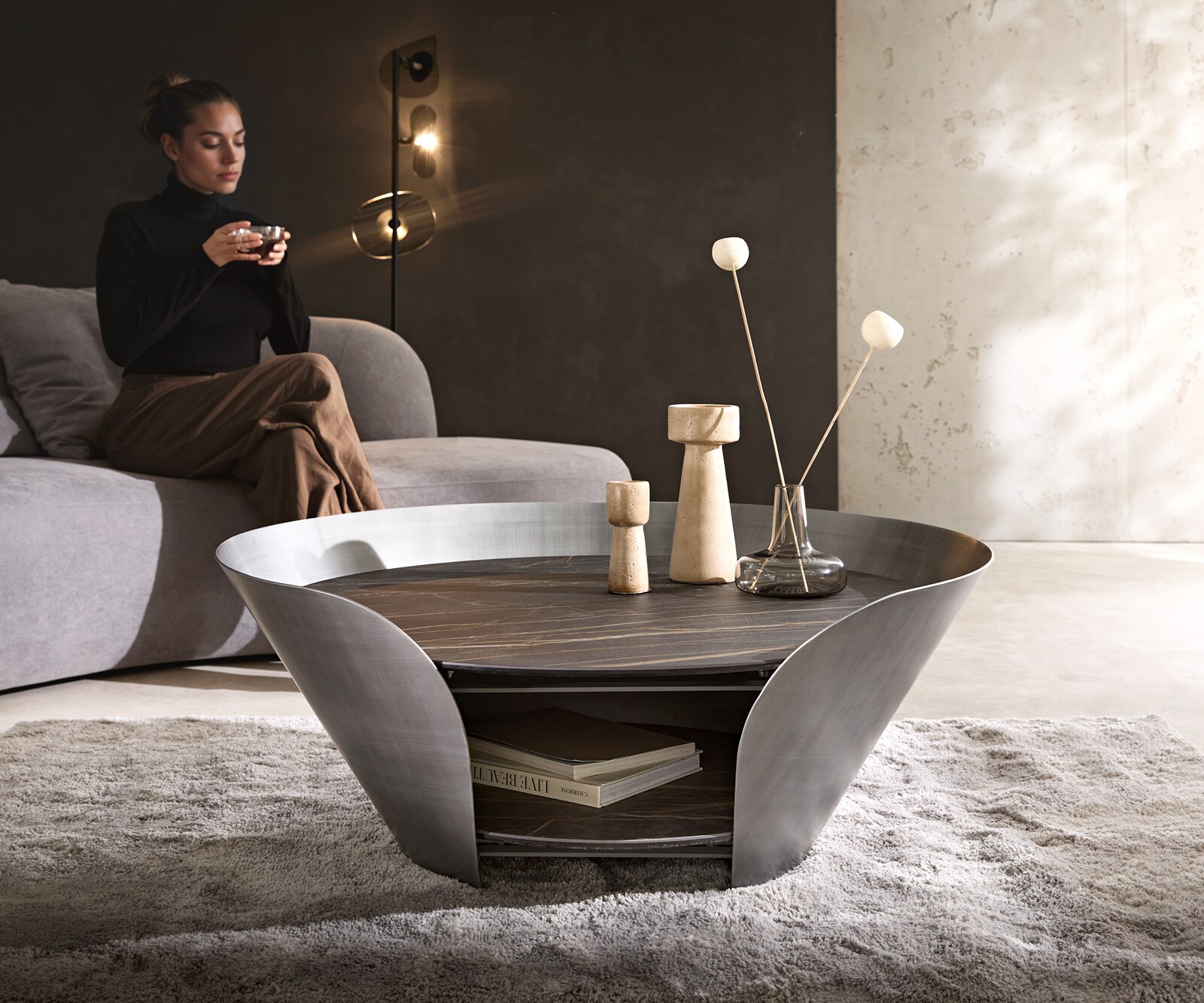 Холна маса Skafi 100x40 см, Керамика Laminam® Noir Desir Brown, металическо сребристо 1