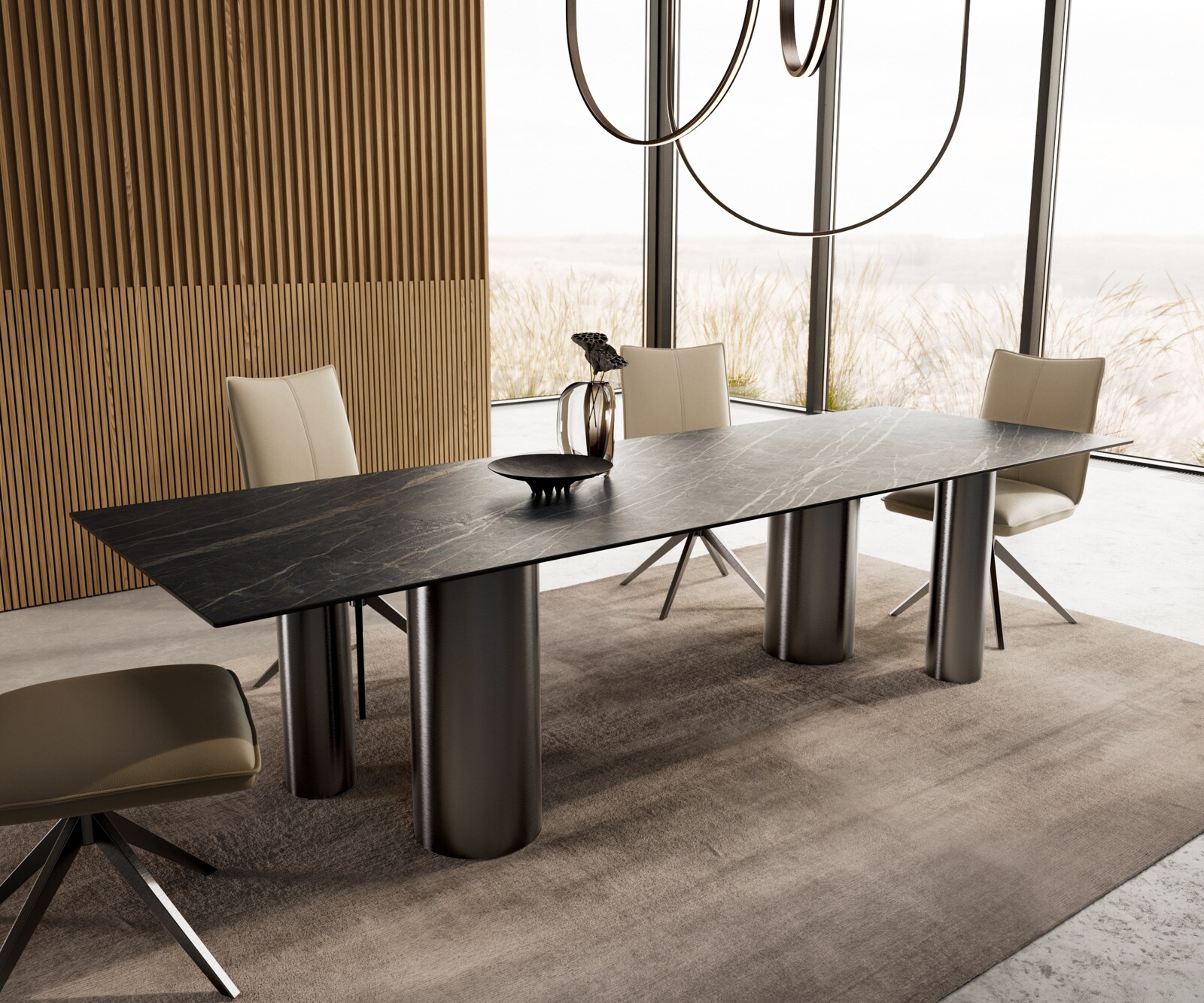 Трапезна маса Edge 300x100, керамика Laminam, ®, Noir Desir, кафяво Pilier, неръждаема стомана, графит