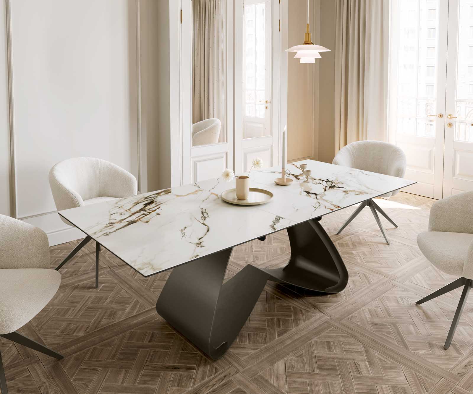 Разтегателна трапезна маса Edge 180-220х100 см Керамика Calacatta Luxe Бял-Злато-Сив W-образна основа Титаниев цвят 1