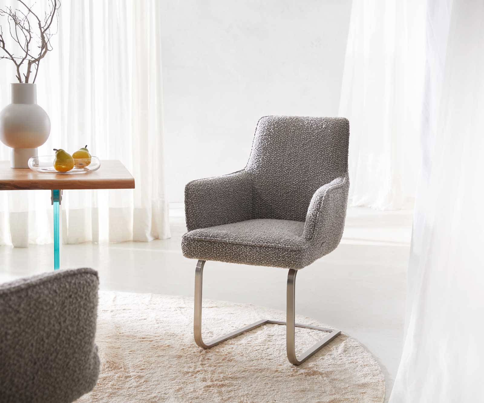 Люлеещ стол с подлакътници Букле Сребристо сив Конзолен крак плосък Неръждаема стомана Покет пружина Heira-Flex Люлеещ стол с подлакътници Букле Сребристо сив Конзолен крак плосък Неръждаема стомана Покет пружина Heira-Flex