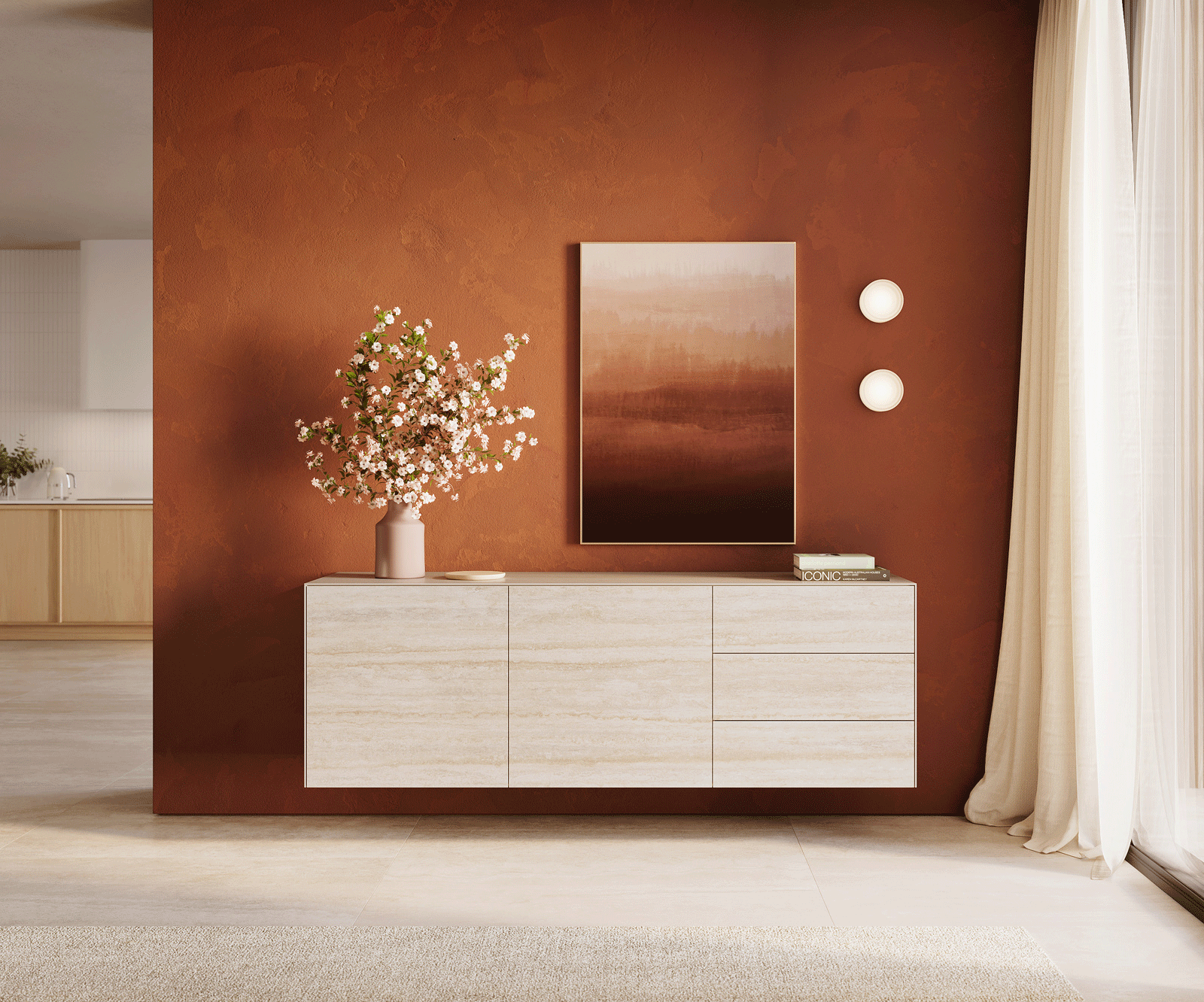 Стенен Бюфет Cuor 180 см Керамика Laminam® Travertino Bianco Кремаво-бяло 2 врати 3 чекмеджета  1