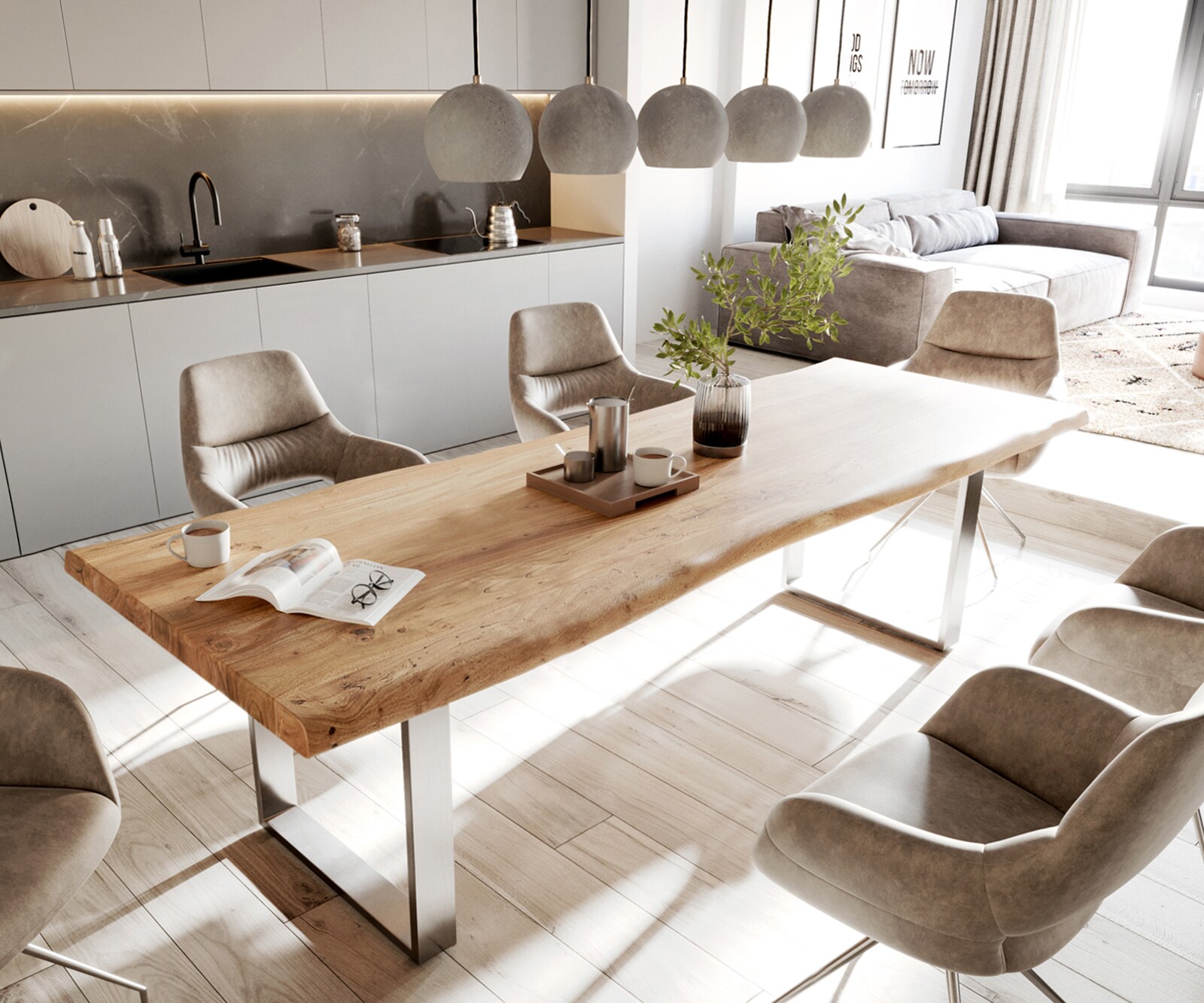 Маса 280x100cm XL Акация Натурал Неръждаема стомана Тесен профил Edge