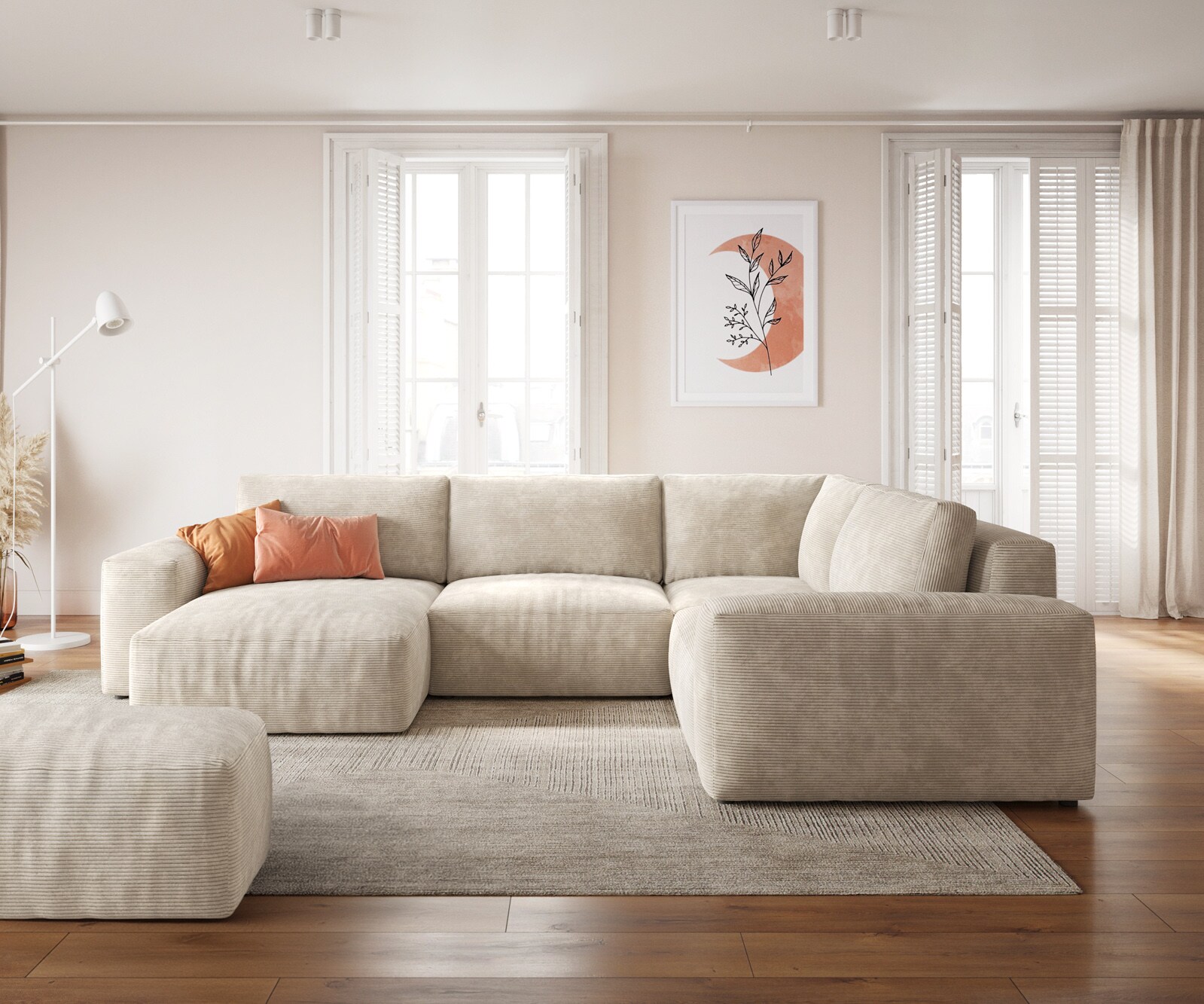 Холна гарнитура Lanzo 300x210 см Бежов Корд Променлива с осман 1