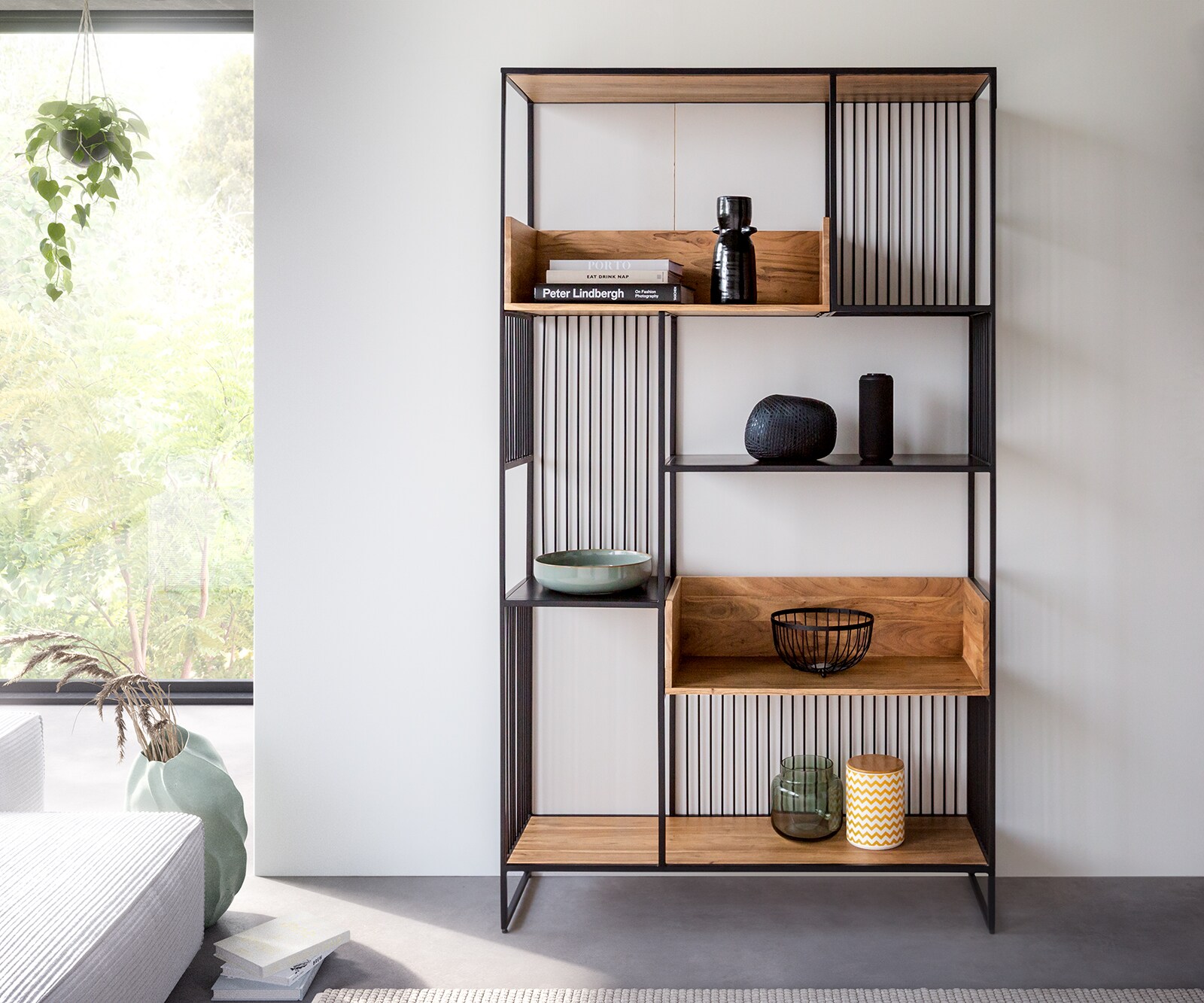 Библиотека Lukeo 115x200 cm естествена акация метал черен