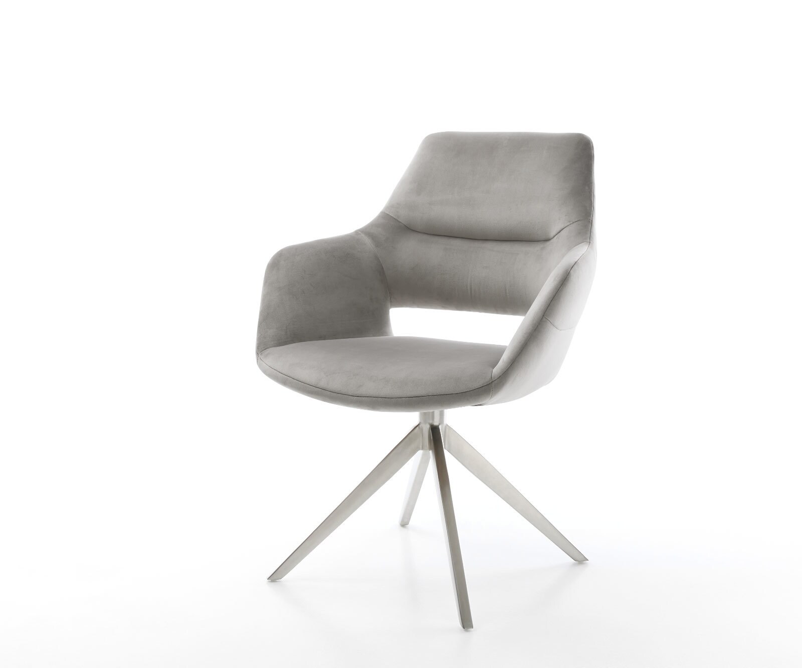 Yago-Flex въртящ се стол с подлакътници, Кадифено сив, Кръстосана рамка широка, Неръждаема стомана, 360° въртене, Люлееща се функция, Ядро от джобни пружини