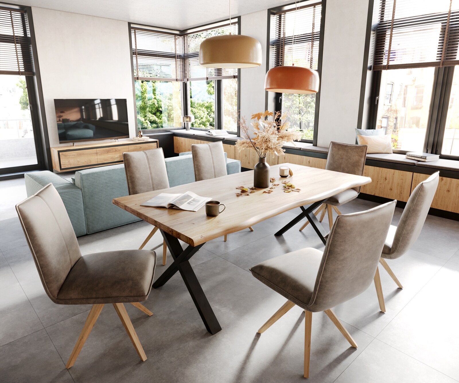 Врътящ се стол Таупе Винтидж Дървена рамка  180° въртящ се Покет пружина Lelio-Flex 4