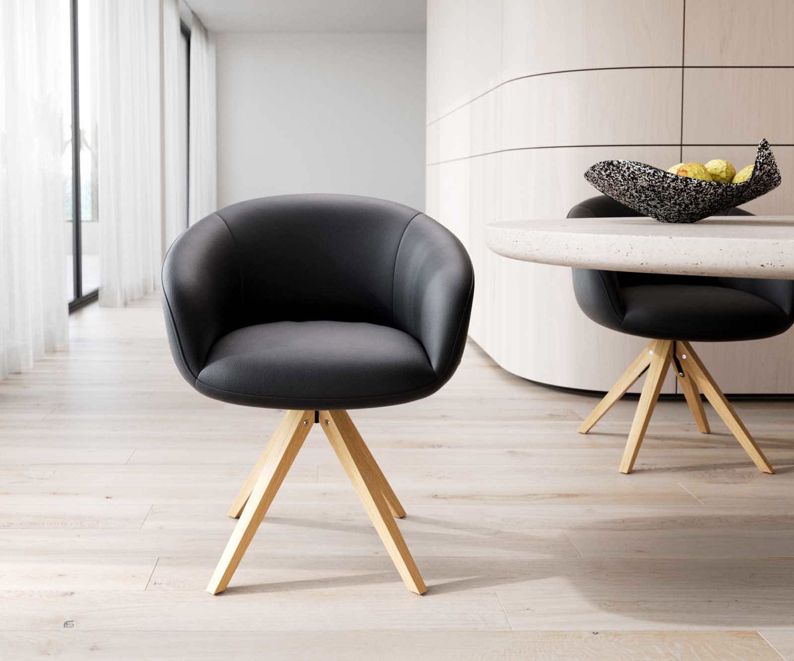 Врътящ се стол с подлакътници Естествена кожа Черен Дървена рамка  Натурал 180° въртящ се Покет пружина Vinka-Flex 1 Врътящ се стол с подлакътници Естествена кожа Черен Дървена рамка  Натурал 180° въртящ се Покет пружина Vinka-Flex 1