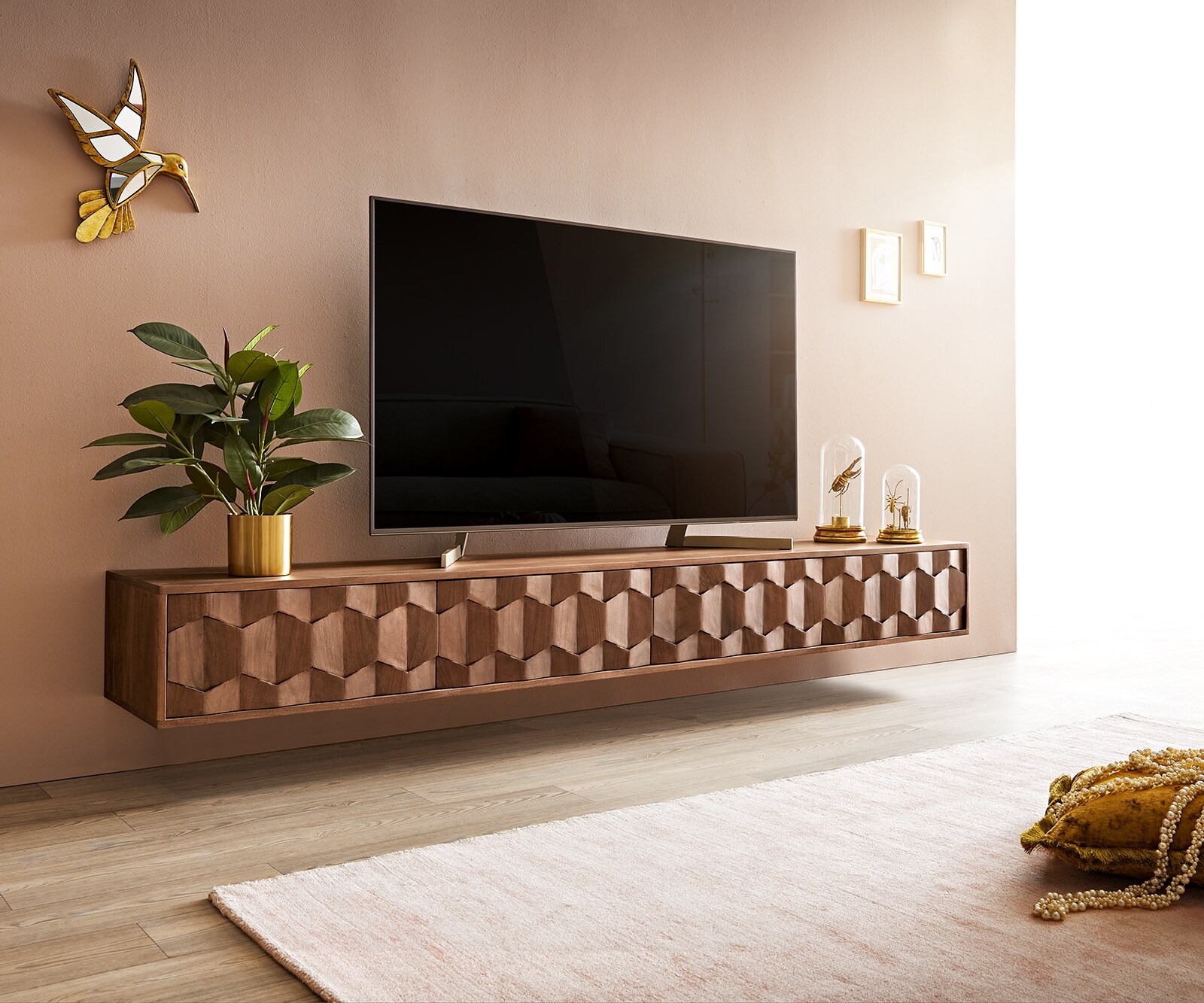 ТВ шкаф за стена Fevo 220 cm Масив Акация, 4 Врати, Кафяв