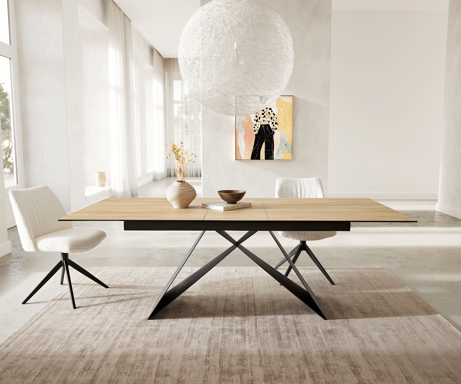 Маса 180-220x100 Keramik Laminam® Sabbia Дъбцвят V-Рамка плоска стомана Черен разтегателна Edge