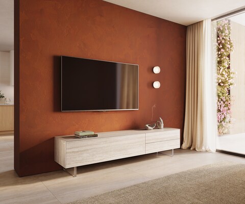 ТВ шкаф Cuor 220 см Керамика Laminam® Travertino Bianco Крем-бяло 1 врата 2 чекмеджета Основа Акрилно стъкло