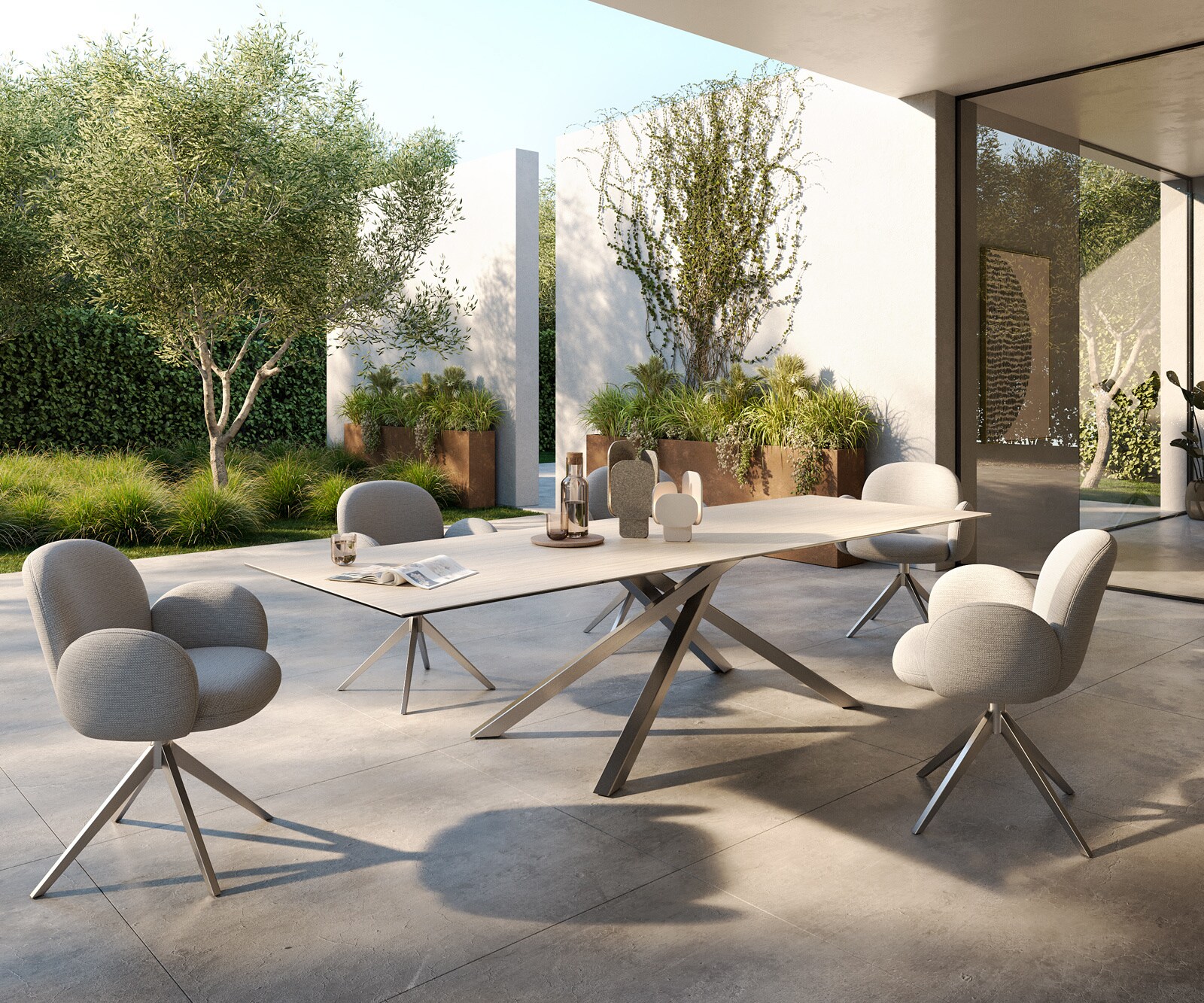 Луксозна външна маса Edge 300x100 см, керамичен правоъгълен плот Laminam ® Travertino Bianco, Кръстовидна основа, Крем-бяло/Сребристосив 5