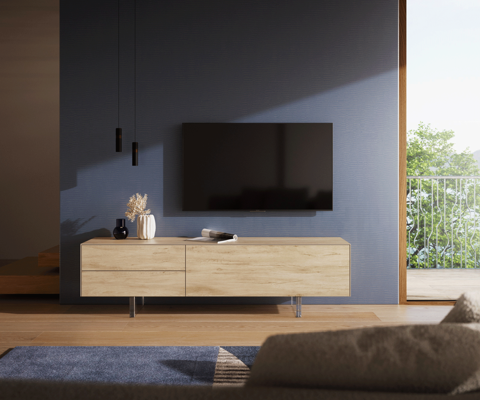 ТВ шкаф Cuor 180 см Керамика Laminam® Sabbia Дъбов цвят 1 врата 2 чекмеджета Основа Акрилно стъкло 2