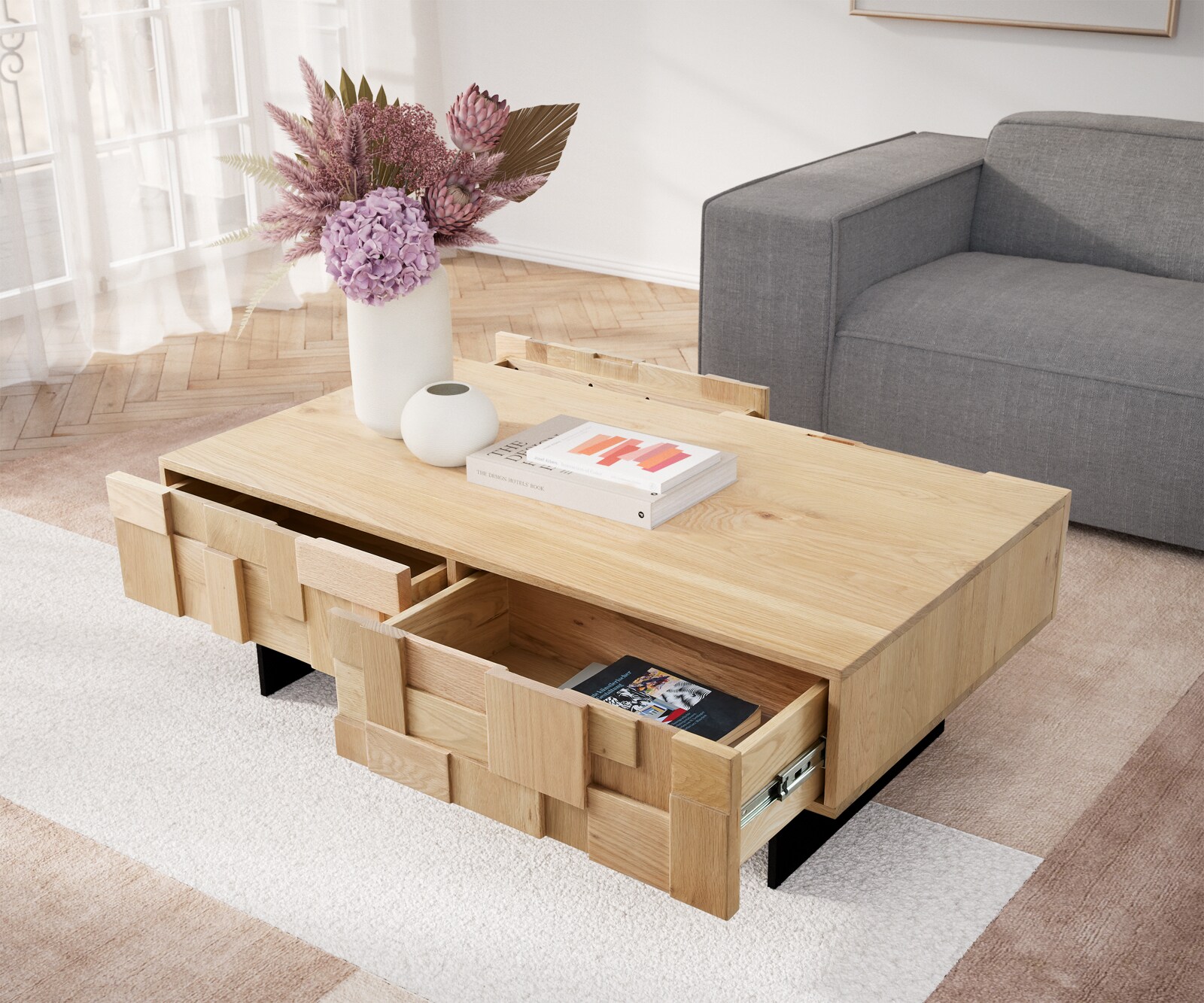 Холна маса 120 cm 4 чекмеджета Дъб Натурал плаващ крак Метал Черен Puzzle 4