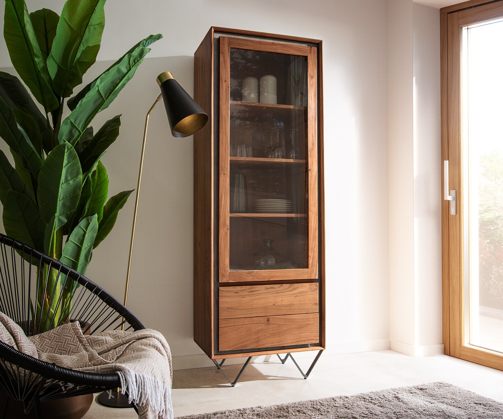 55x180 cm Акация Кафяв каменен фурнир 1 Врата 2 Чекмеджета V-Крак Черен Stonegrace  55x180 cm Акация Кафяв каменен фурнир 1 Врата 2 Чекмеджета V-Крак Черен Stonegrace