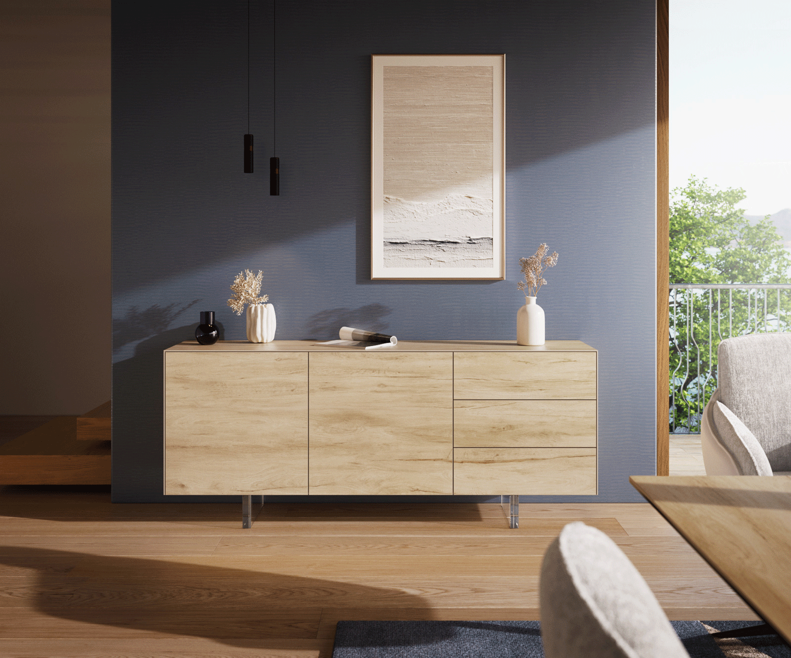 Бюфет Cuor 180 см Керамика Laminam® Sabbia Дъбов цвят 2 врати 3 чекмеджета Основа Акрилно стъкло 2