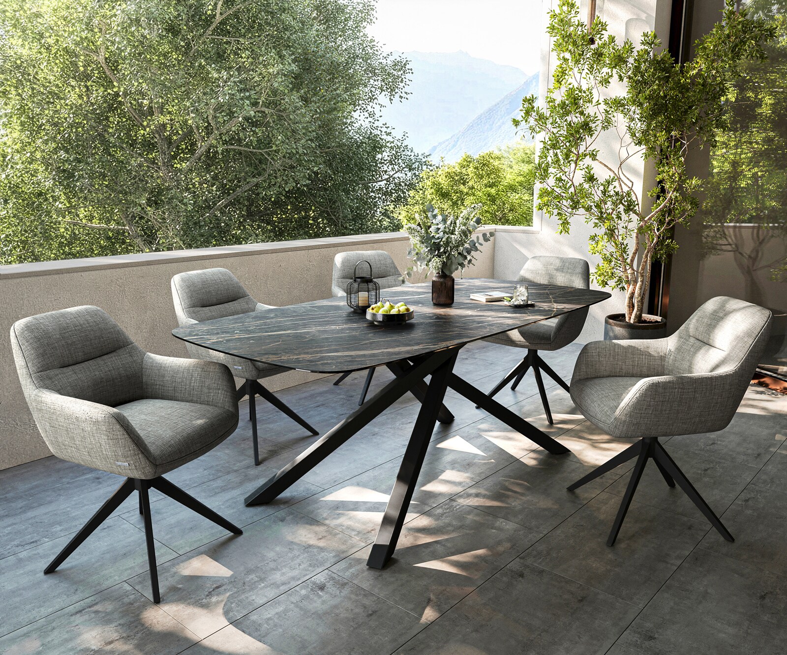 Луксозна външна маса Edge Boot 200x100 см с керамичен заоблен плот Laminam® Noir Desir, Кръстовидна основа, Кафява/Черна 7