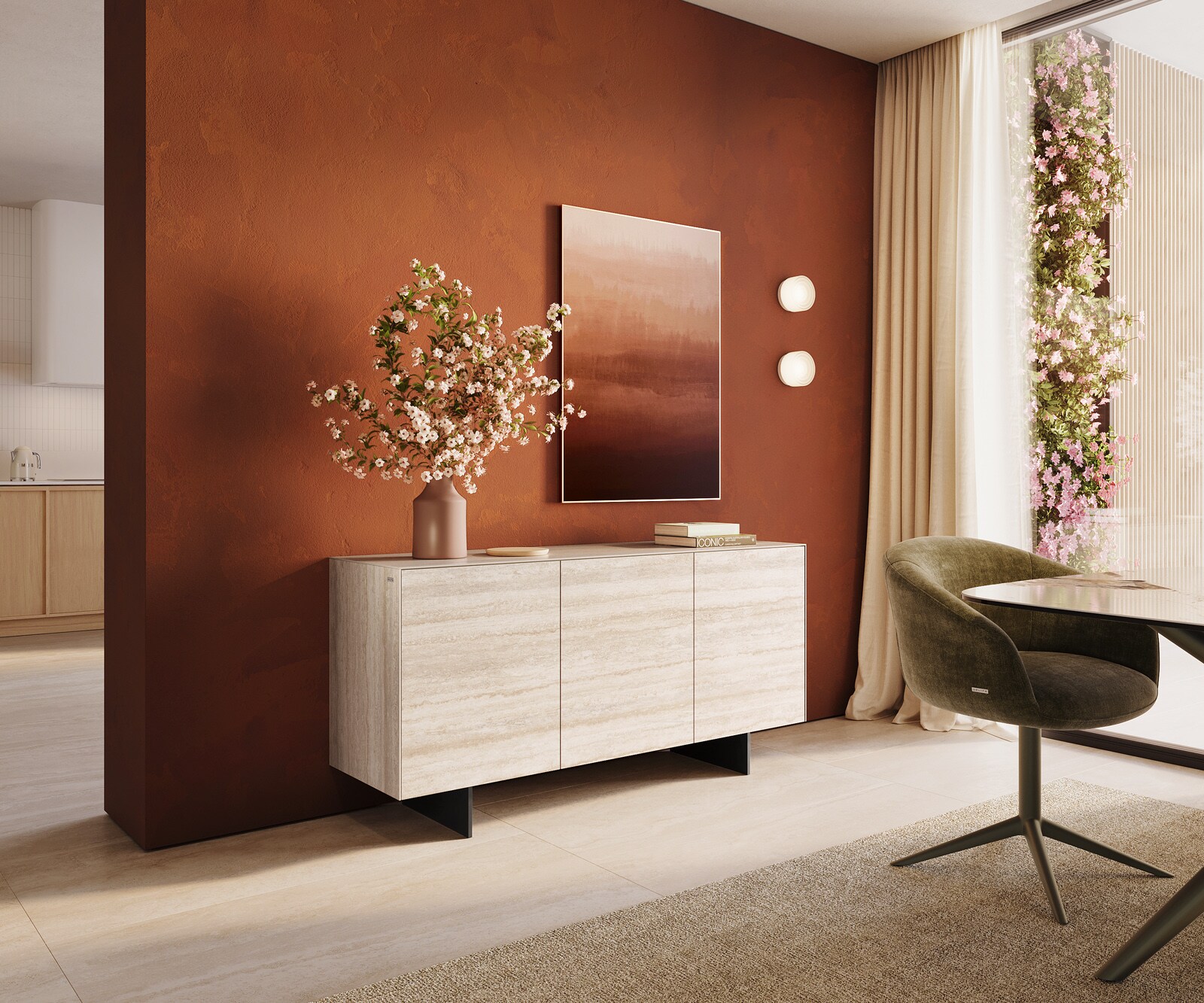 Шкаф Cuor 150 cm Керамичен ламинат® Travertino Bianco Крем-бяло 3 врати Основа Плаващ вид Метал Черно