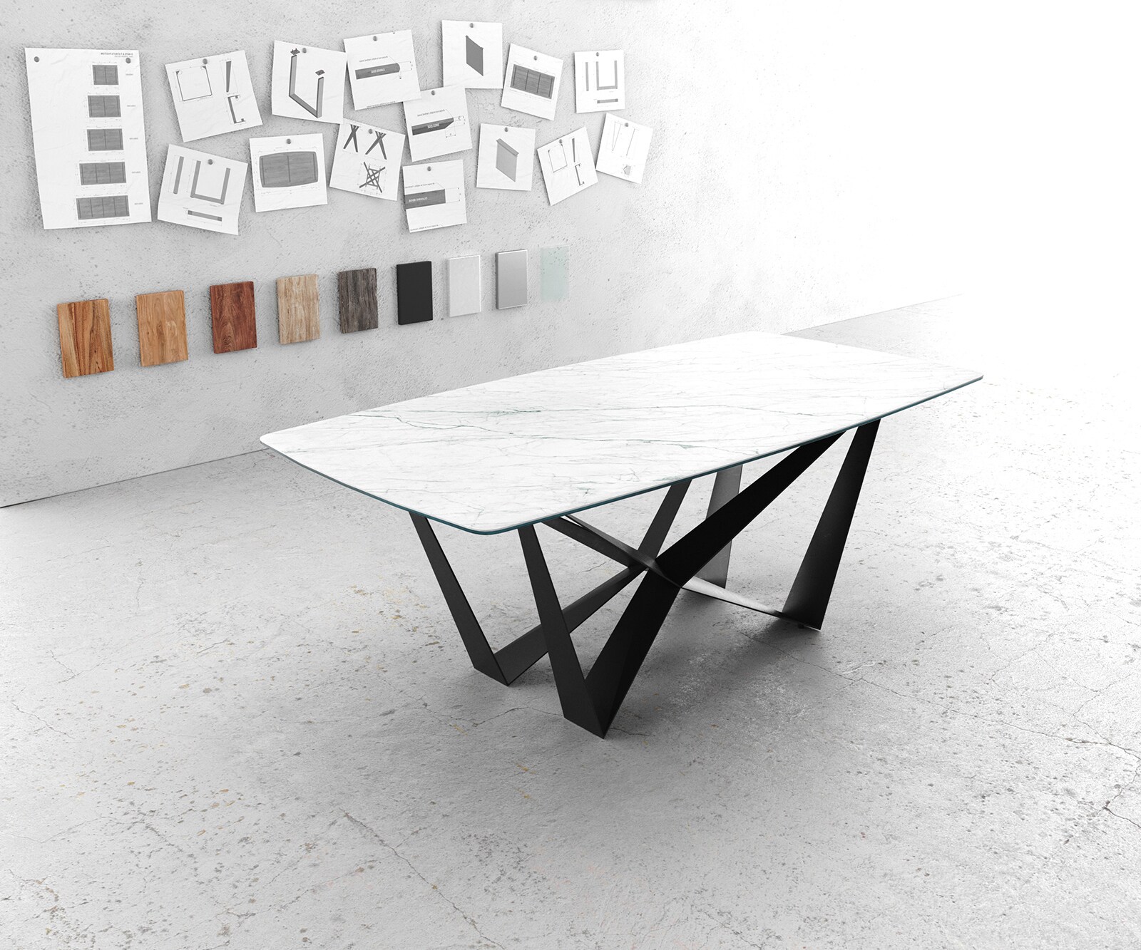 Маса Bootsform 200x100cm Keramik Laminam®Statuarietto Бял среден крак плоска стомана Черен Edge