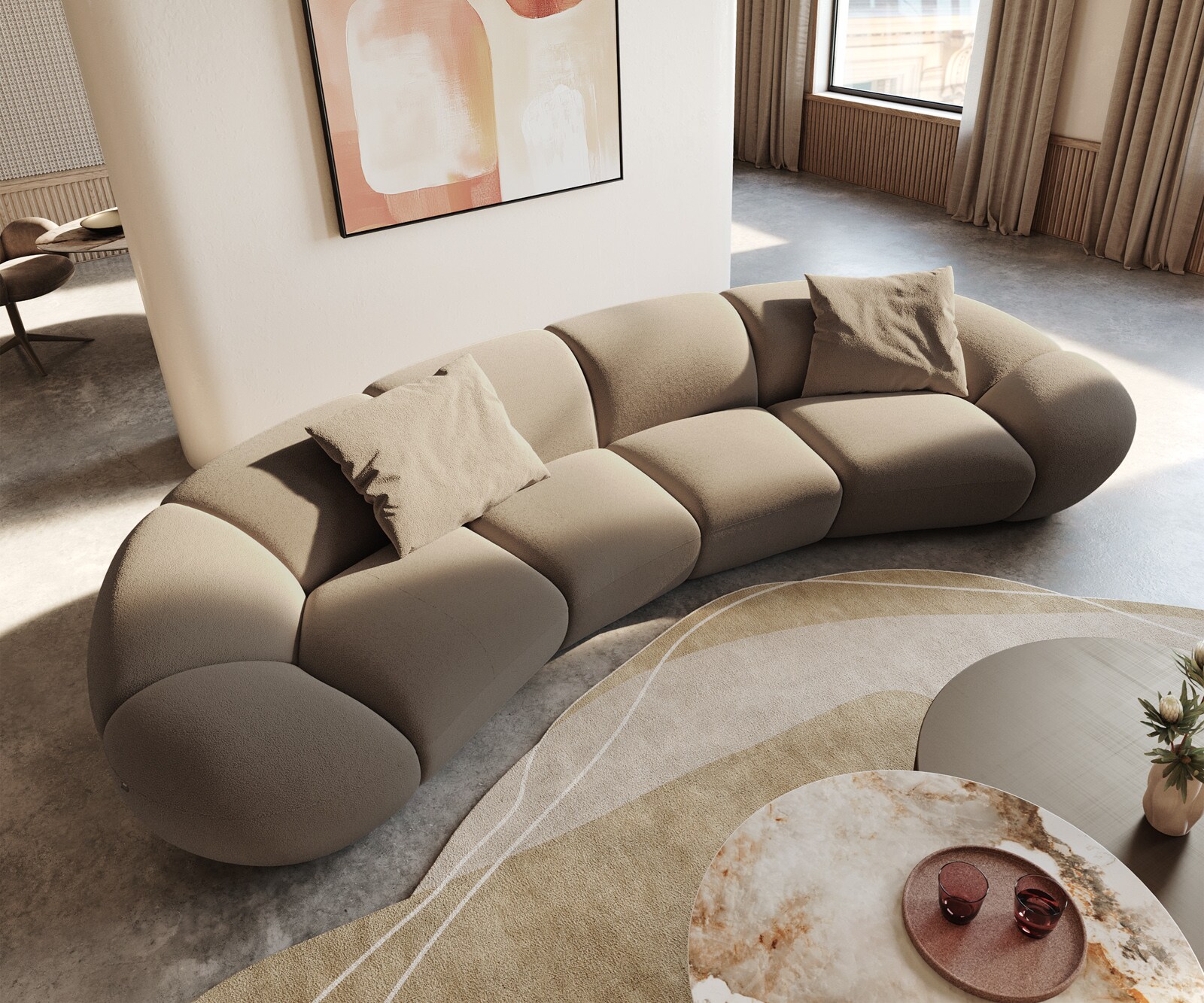 Голям диван Lunna 360x175 cm fine bouclé taupe 2 възглавници 1