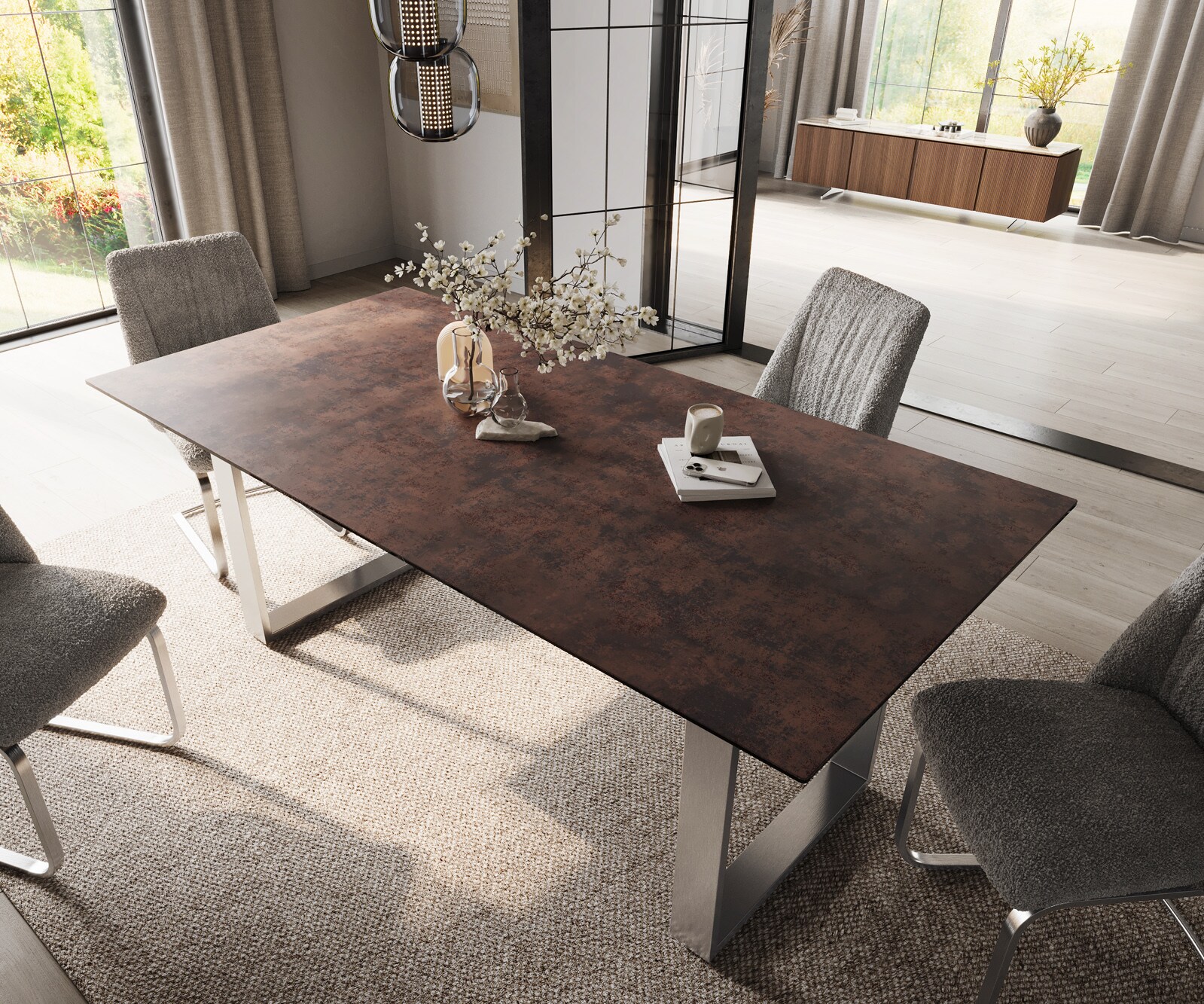 Edge трапезна маса 200x100 стъкло антично кафяво неръждаема стомана тесен 4