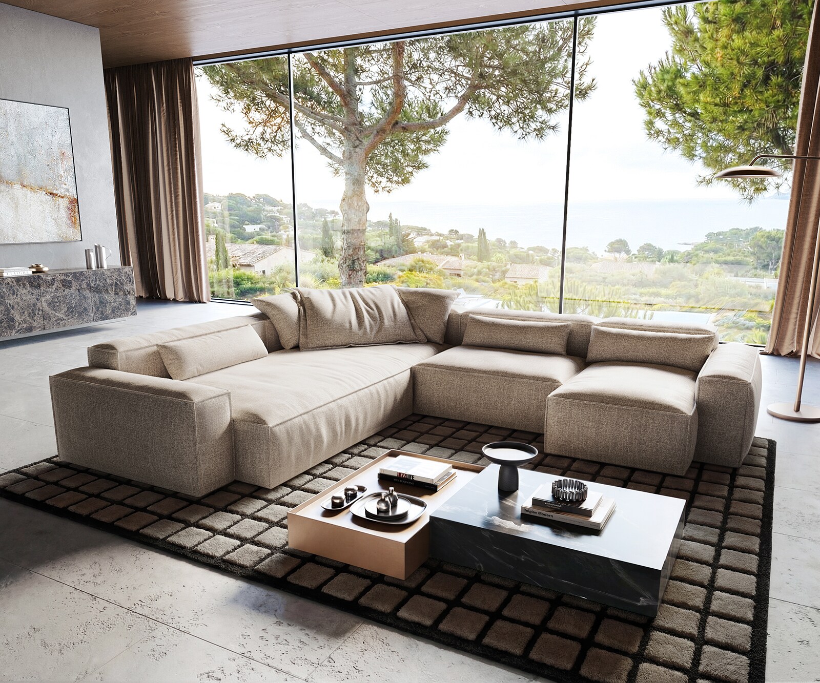 Дневен кът Freestyle 360x290 cm тъкан меко бежово с тръбен шев