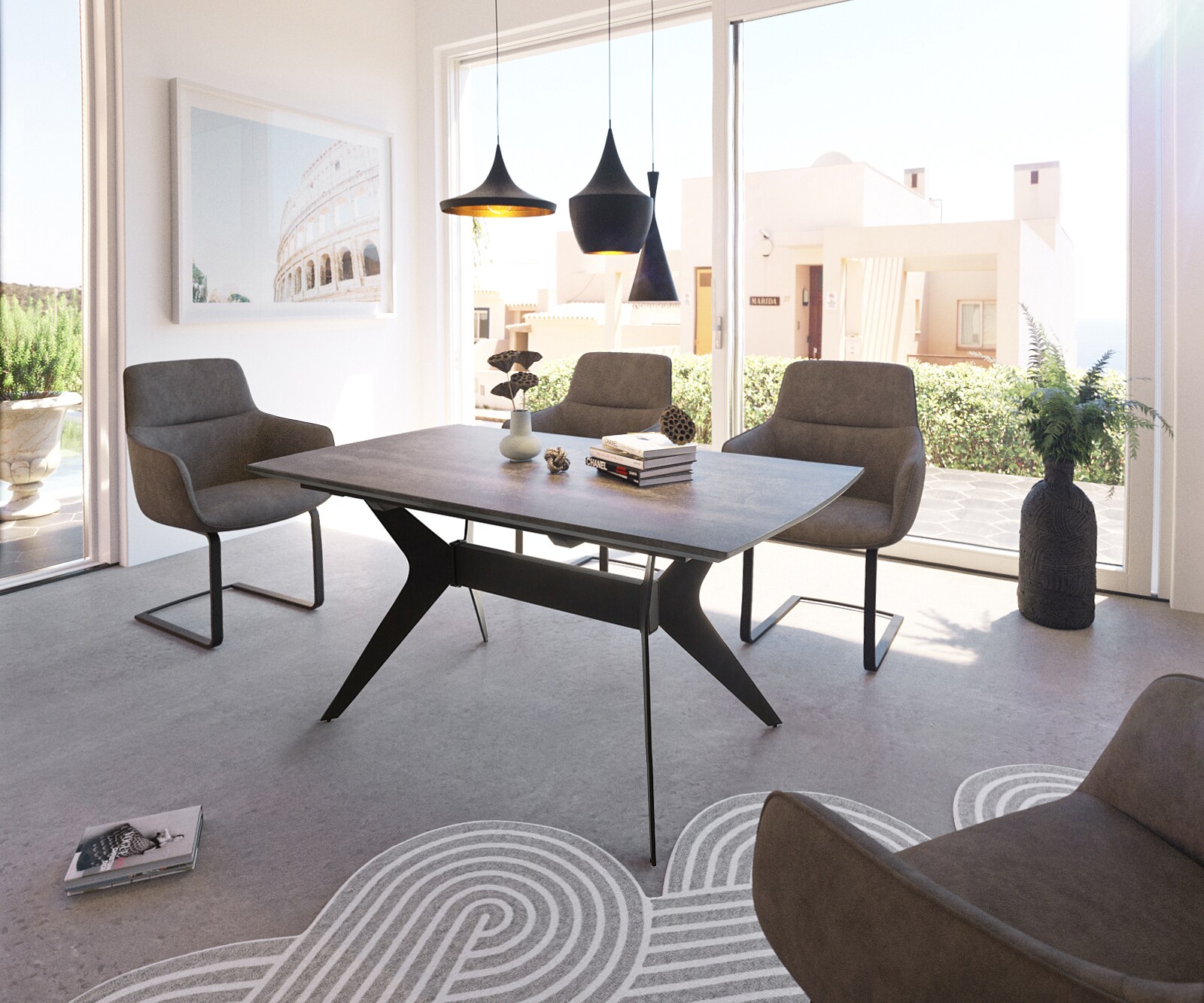 Трапезна маса Edona 160/200x90 cm керамичен вид сив метал разтегателна 2