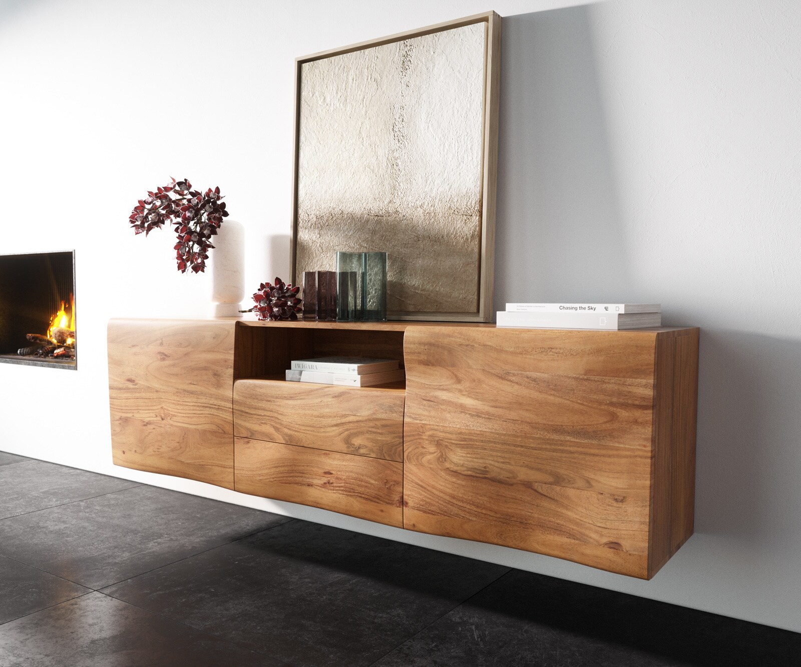 Стенен Бюфет New Live Edge 145 cm Масив Акация Натурален 3 Врати 5
