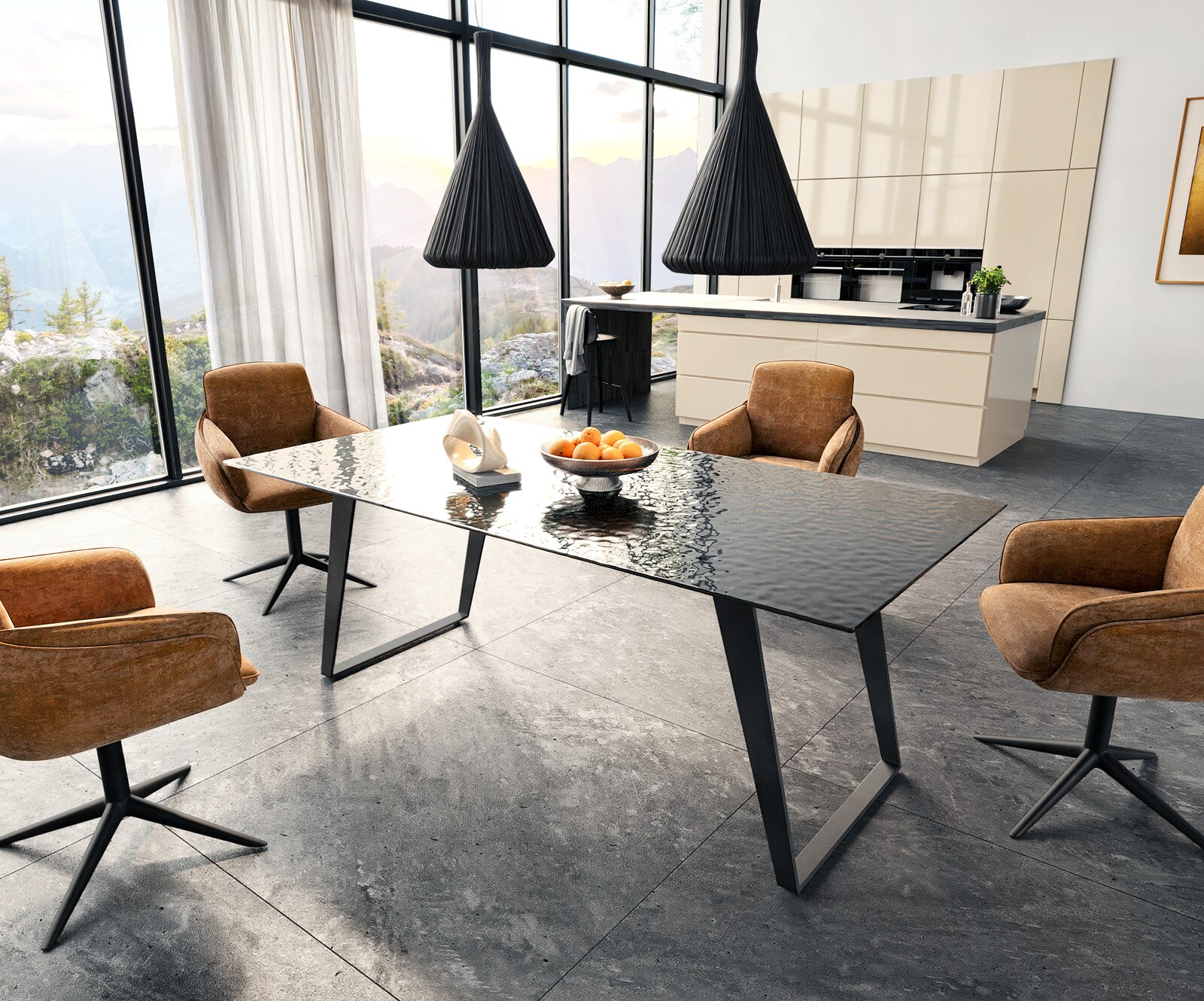 Трапезна маса Edge 200x100 релефно стъкло, опушено черно 3D дизайн метален ъгъл черен 5