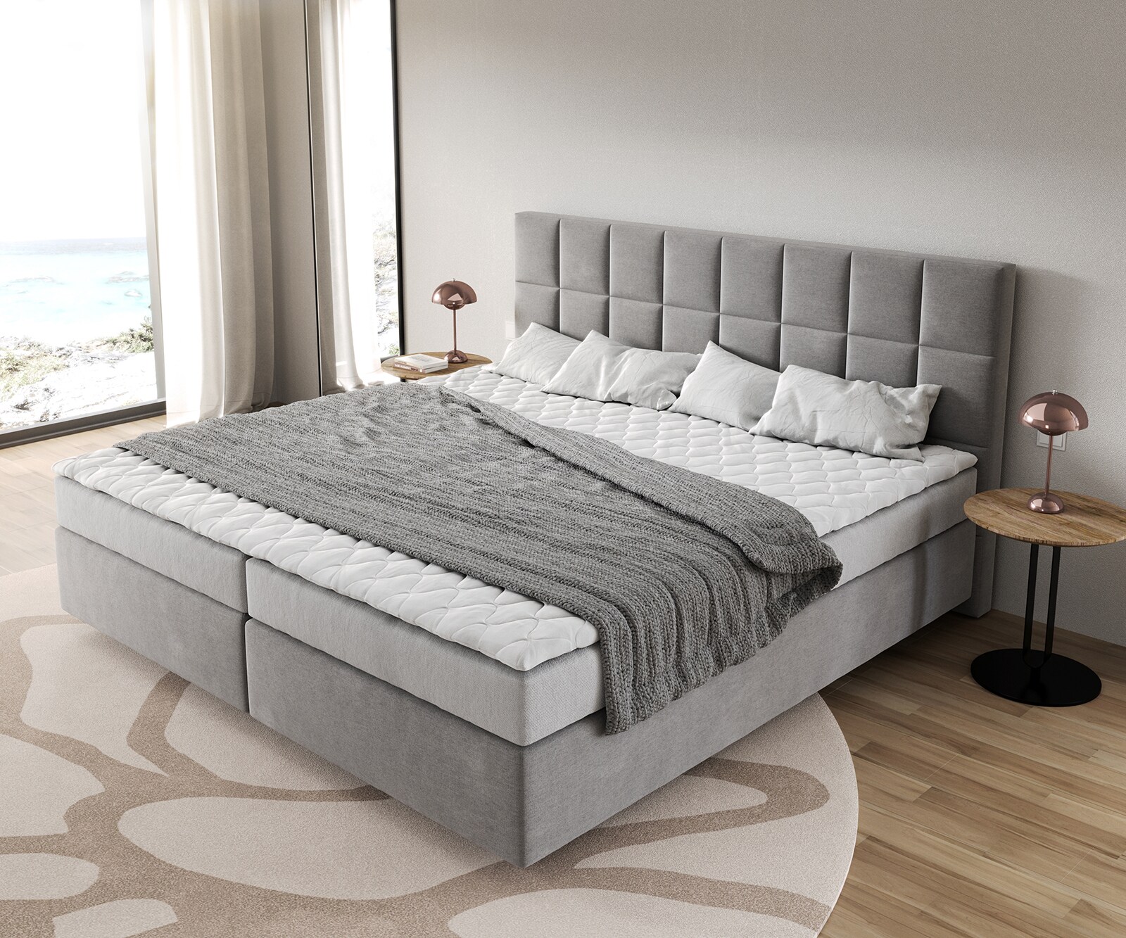 Легло Боксспринг Микрофибър Сив 200x200 cm Бонел-Матрак PU-Топер Dream-Fine 3