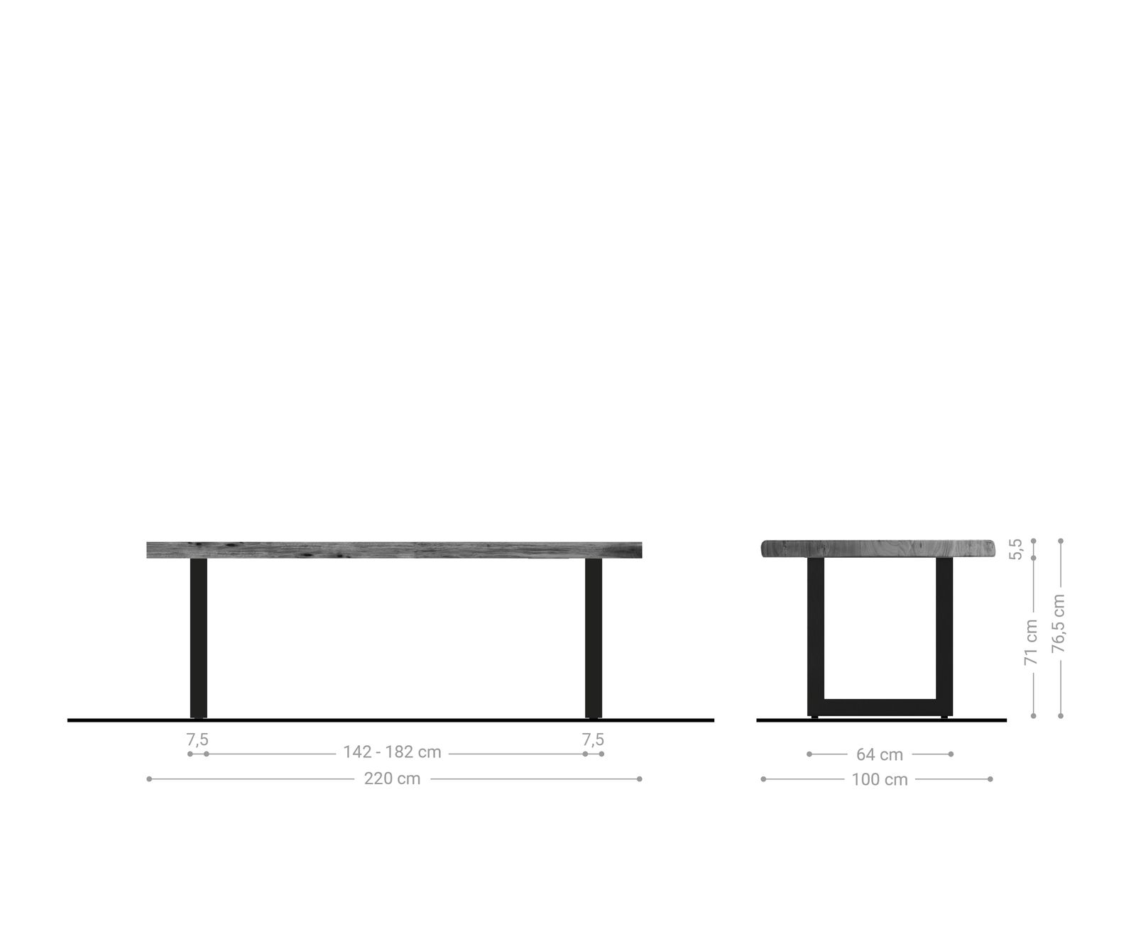 Трапезна маса Edge 220x100 см XL от акация, платинен неръждаем стоманен профил, широка, с естествени ръбове 8