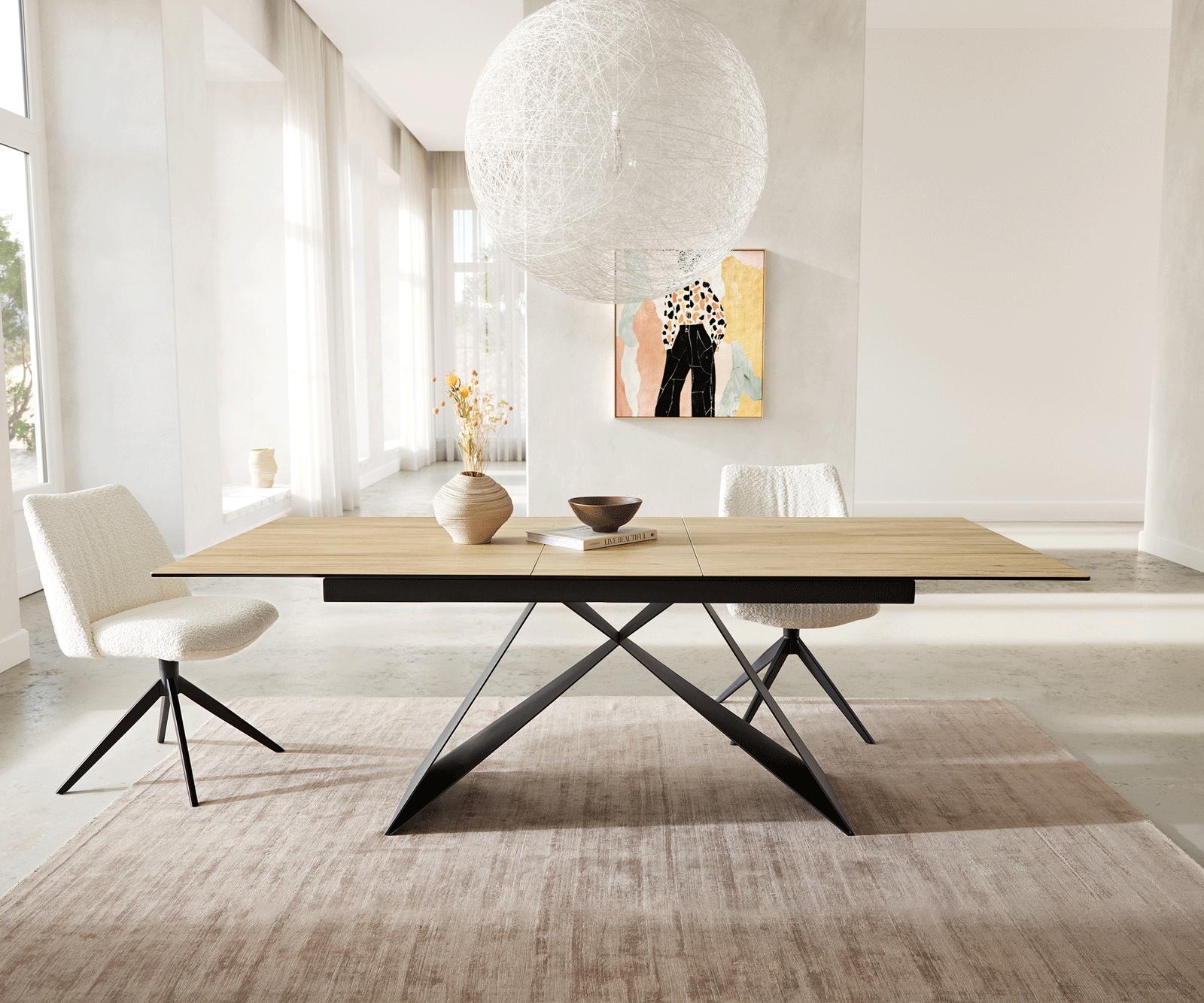 Разтегателна трапезна маса Edge 180-220х100 см Керамика Laminam® Sabbia цвят Дъб V-образна метална основа Черен 5
