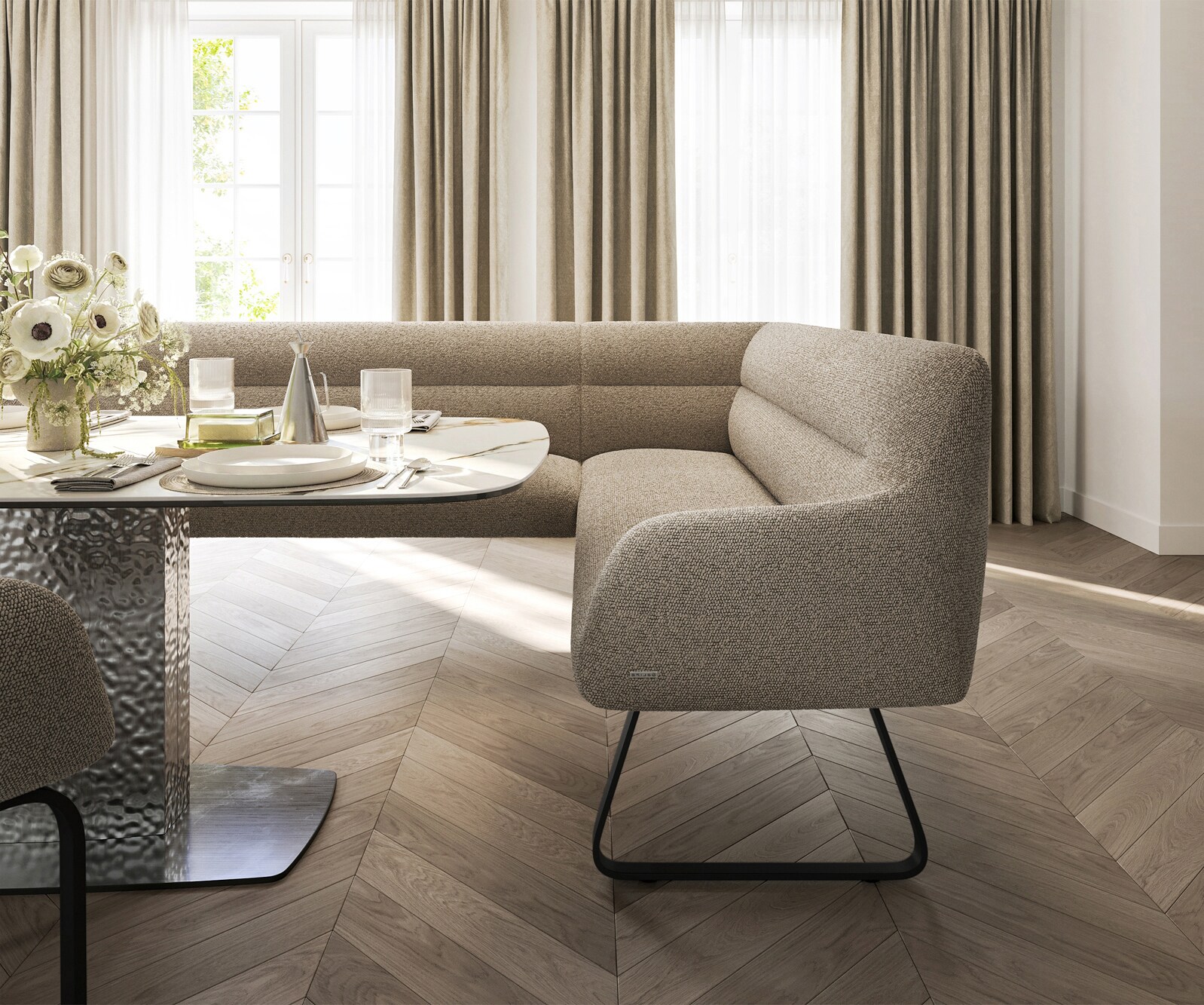 Тапицирана ъглова пейка Taya-Flex 285х190 см, Лява, Плоски черни основи, Покет пружини, Дамаска Букел, Сиво-кафяв 4
