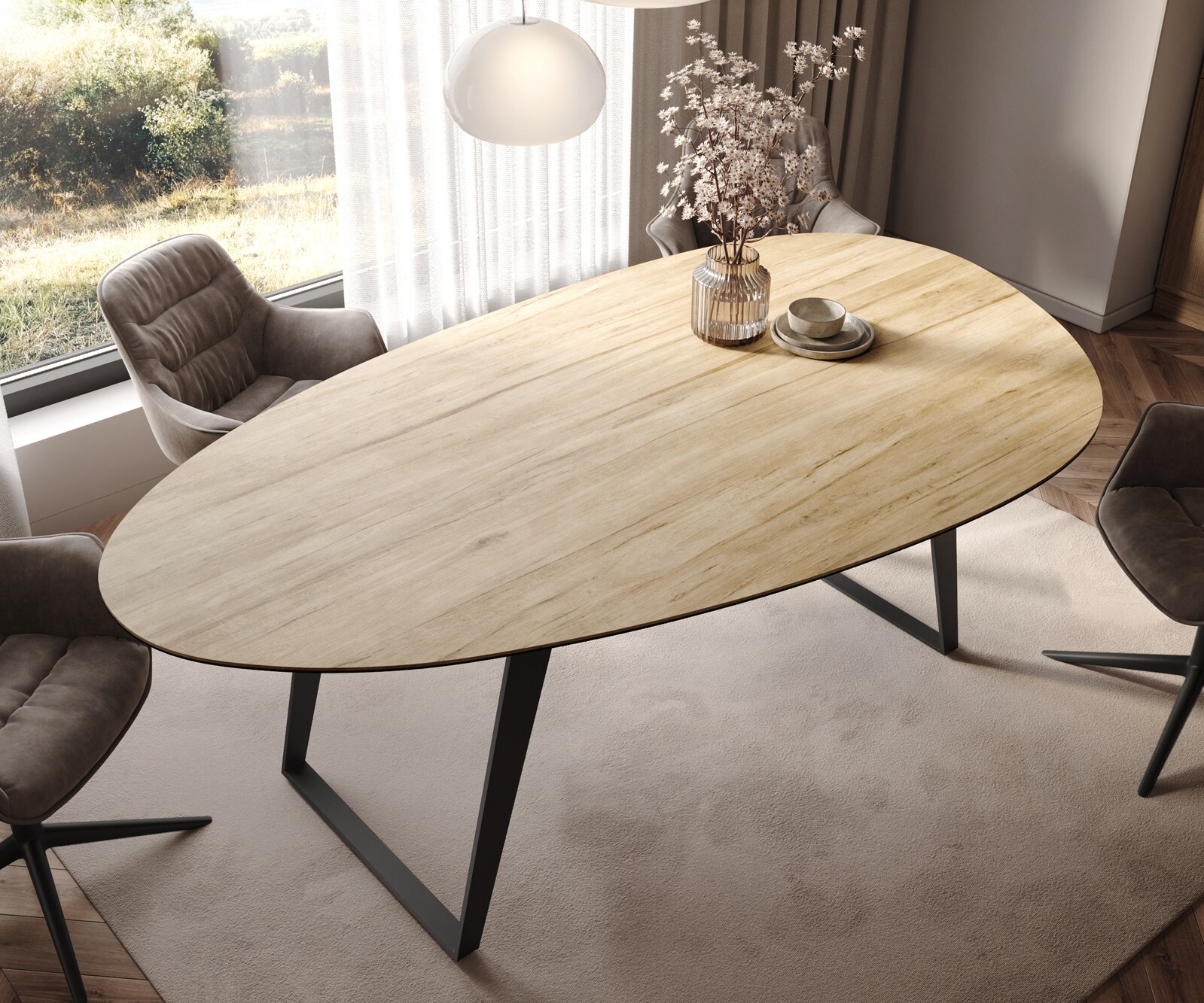 Трапезна маса Edge Oval 220x120 см, керамика Laminam „®“, цвят „Sabbia“ (в цвят на дъб), метал, наклонена, черна 4