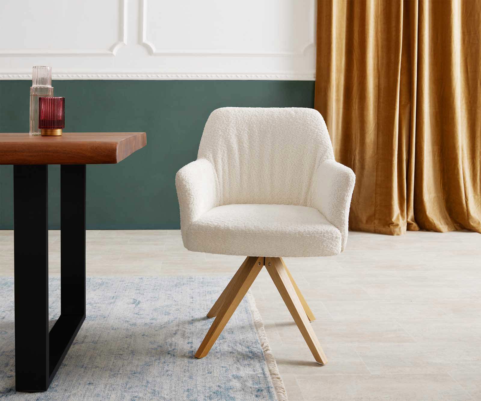 Врътящ се стол с подлакътници Букле Бял Дървена рамка  Натурал 180° въртящ се Покет пружина Xana-Flex 1 Врътящ се стол с подлакътници Букле Бял Дървена рамка  Натурал 180° въртящ се Покет пружина Xana-Flex 1