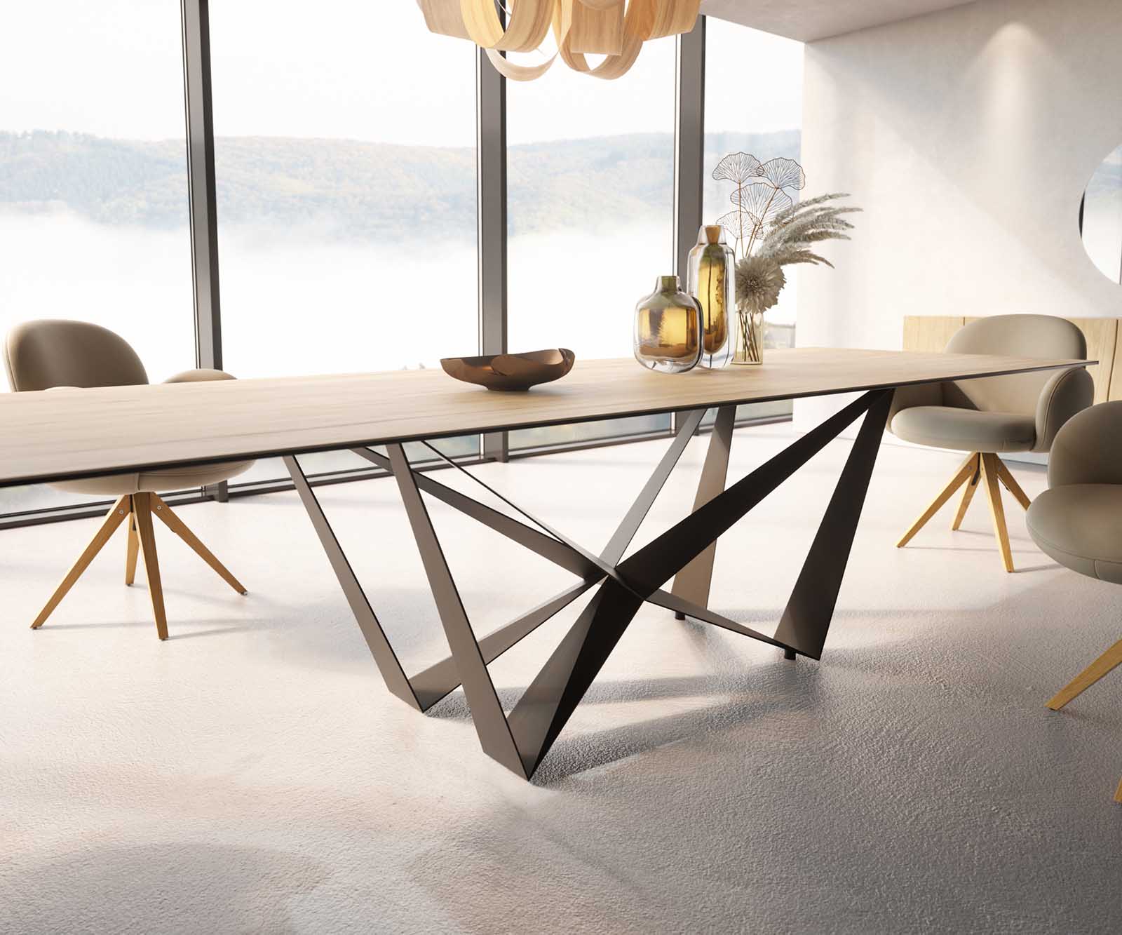 Маса 300x100 Keramik Laminam® Sabbia Дъбцвят Spider плоска стомана Черен Edge 4