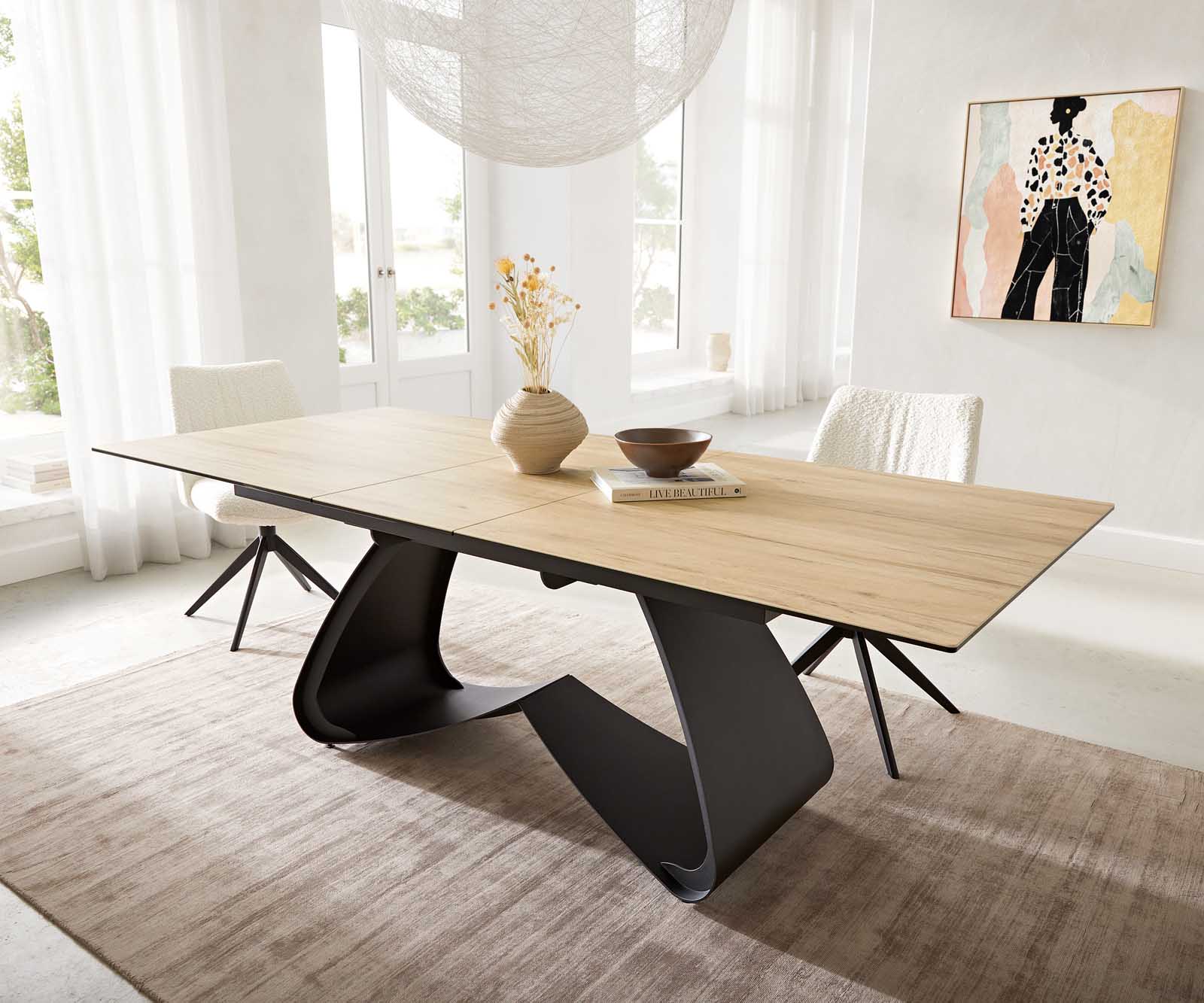 Маса 180-220x100 Keramik Laminam® Sabbia Дъбцвят W-Рамка Черен разтегателна Edge 6