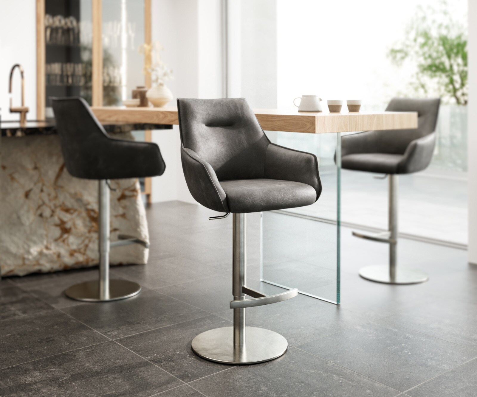 Бар стол Микрофибър Антрацит Винтидж Въртяща се основа с регулируема височина Неръждаема стомана  Покет пружина Alja-Flex