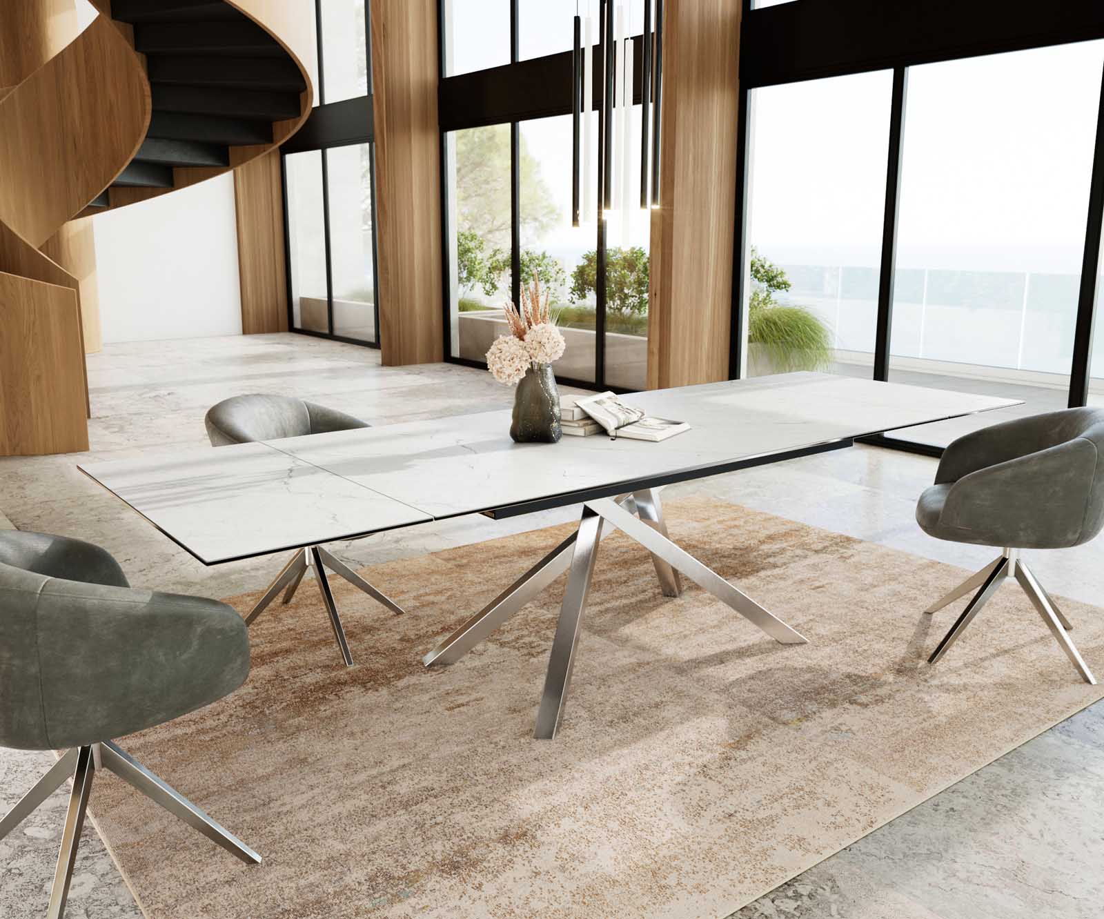 Разтегателна трапезна маса Edge 200-300х100 см Керамика  Laminam®Statuarietto Бял Кръсртовидна основа Сребристосив 8