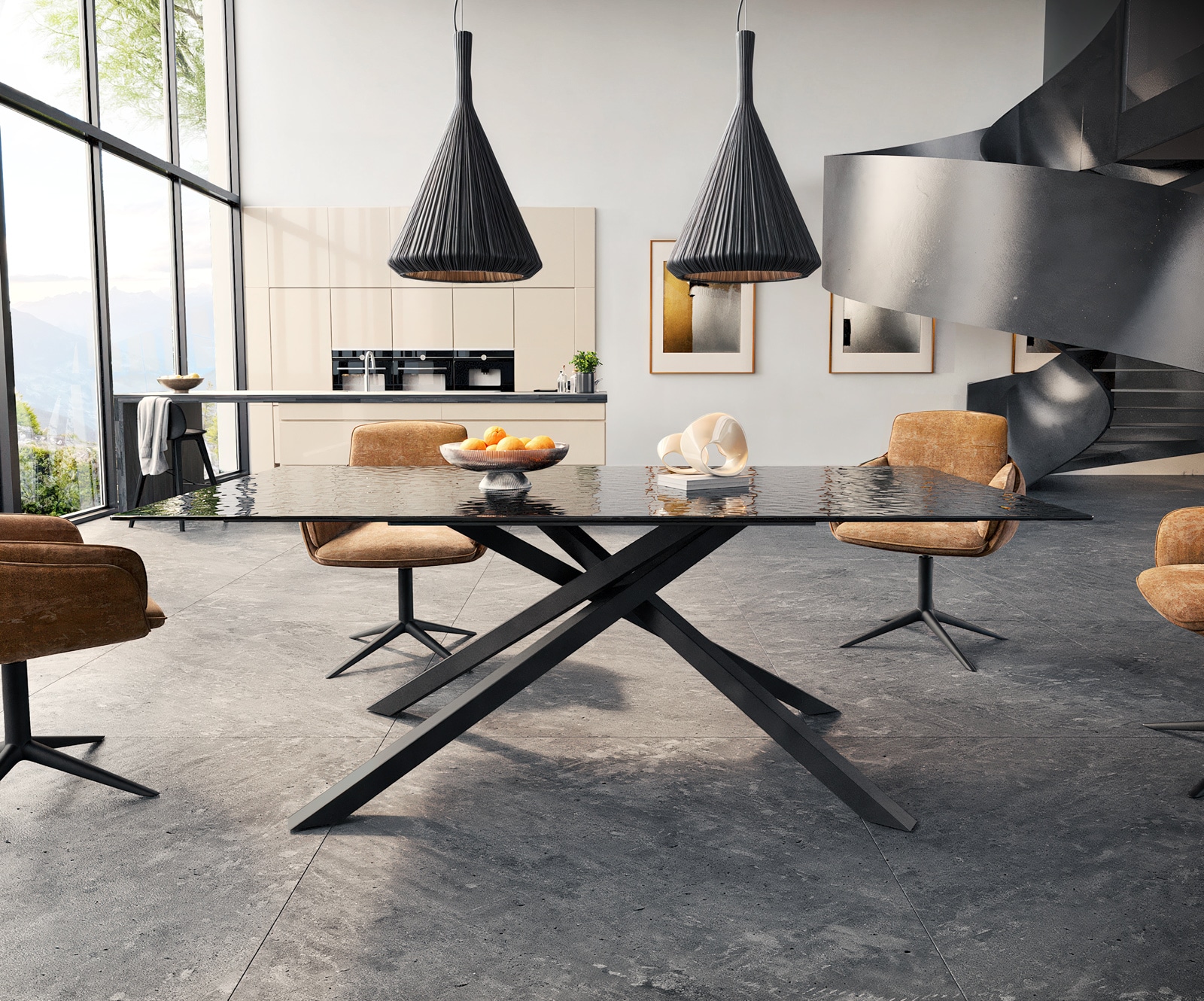 Трапезна маса Edge 200x100 релефно стъкло пушено черно 3D дизайн кръстосана рамка правоъгълник черно 2