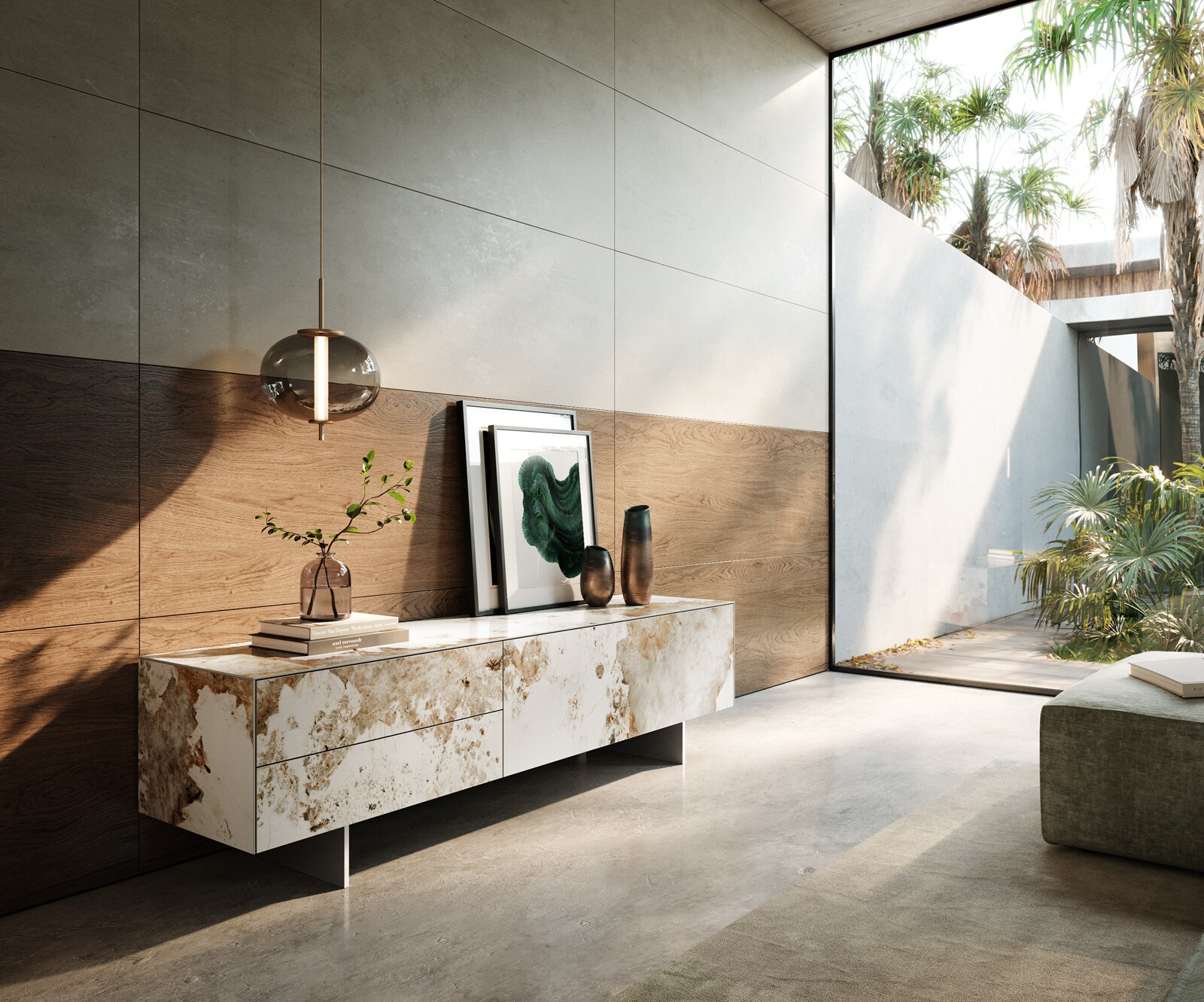 Нисък плот Cuor 180 см керамика Minas Melange Бяло-бежово 1 клапа 2 чекмеджета Основа Плаващ вид неръждаема стомана 1